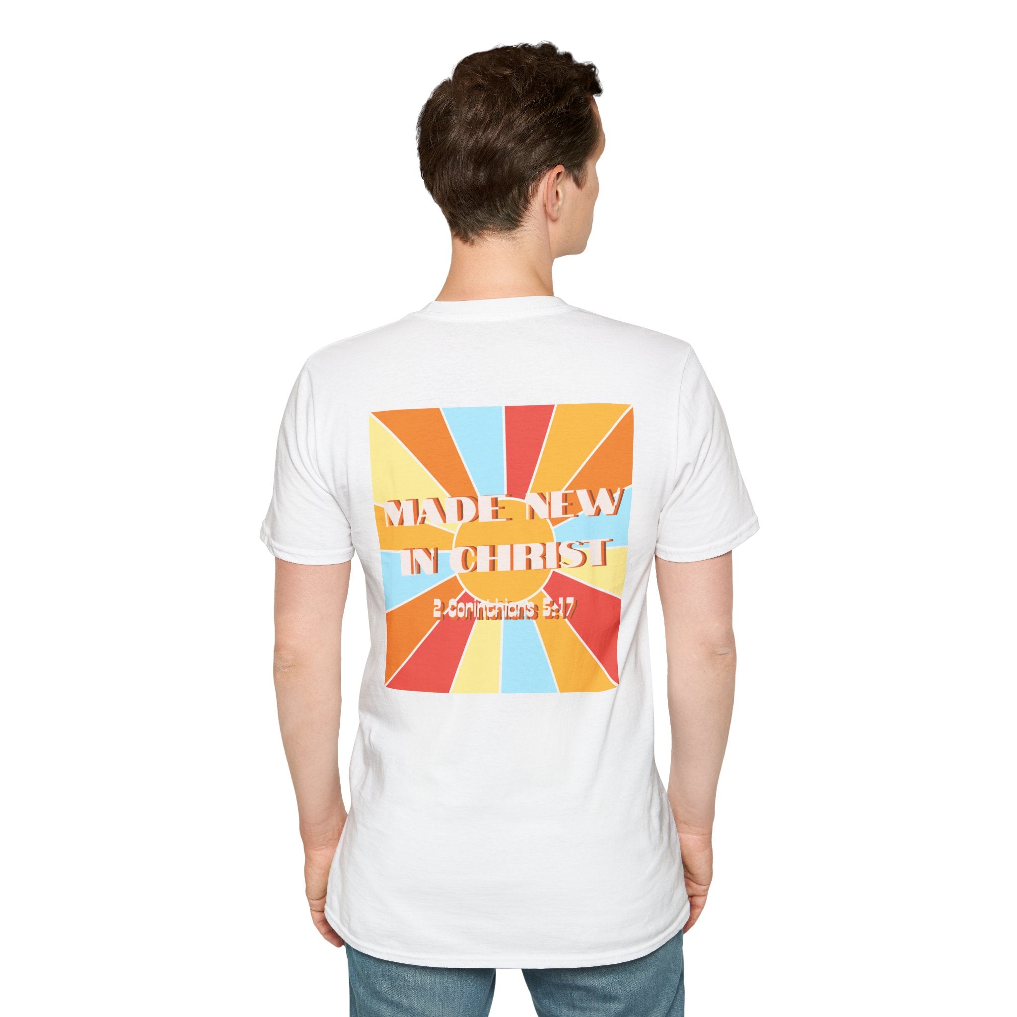Men's Hello New Me Retro Tee — BACK: 2 Corinthians 5:17