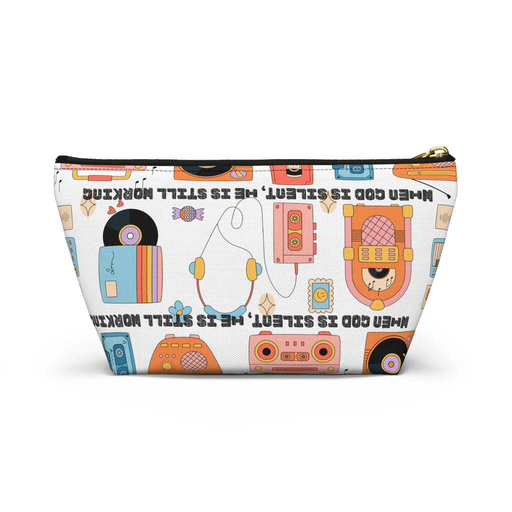 Retro Music Accessory Pouch — "When God Is Silent, He Is Still Working" T-Bottom Bag