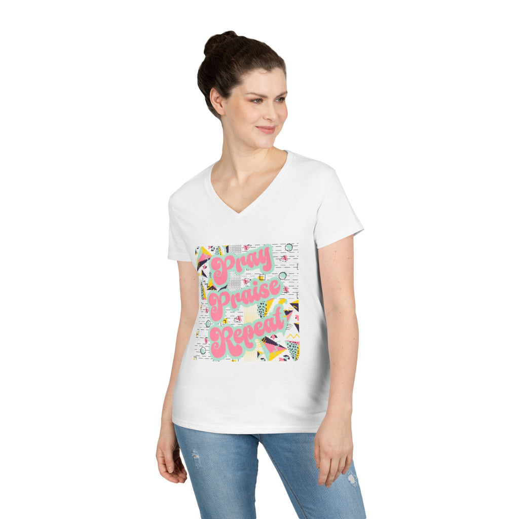 Ladies' V-Neck T-Shirt — "Pray Praise Repeat" Retro Shape Graphic