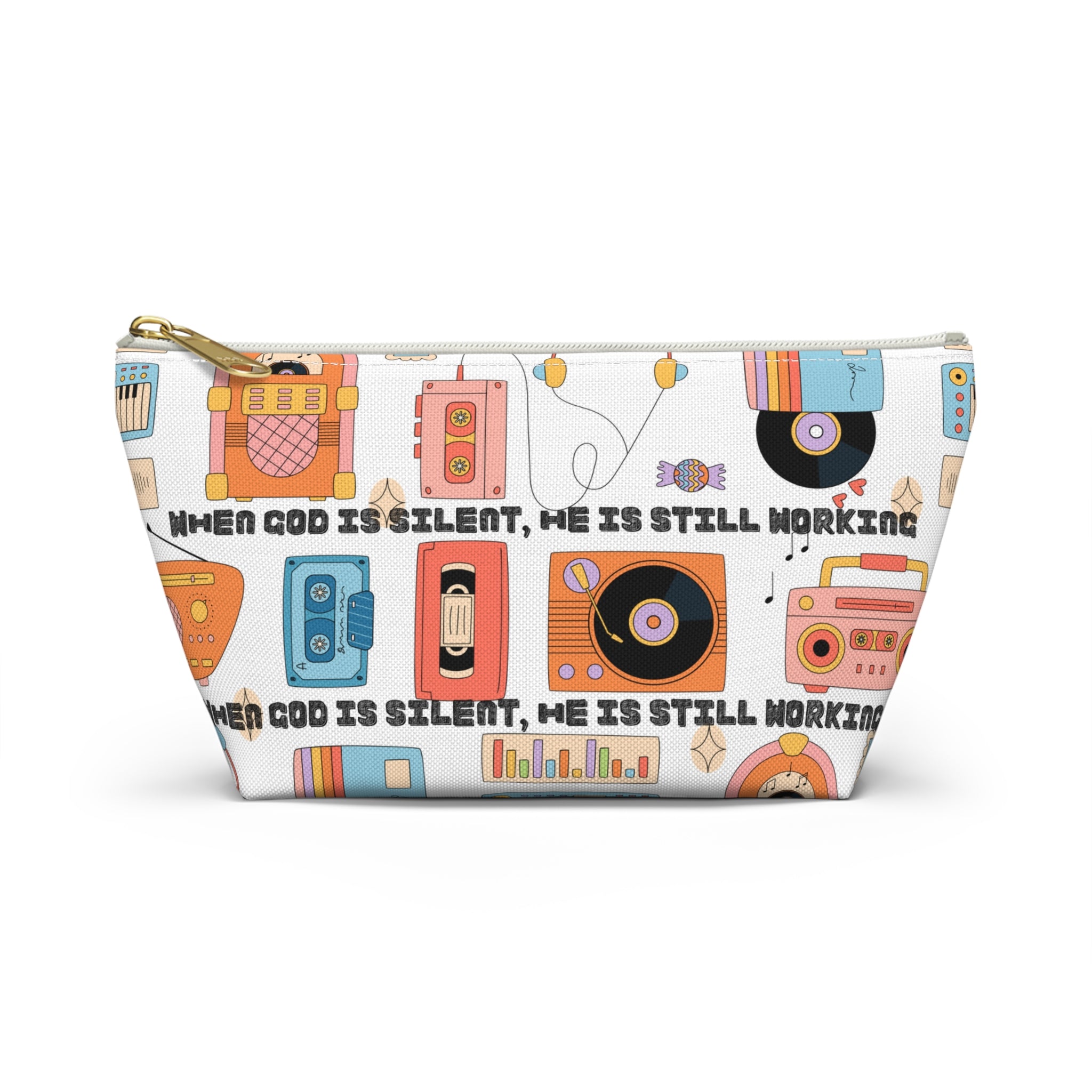 Retro Music Accessory Pouch — "When God Is Silent, He Is Still Working" T-Bottom Bag