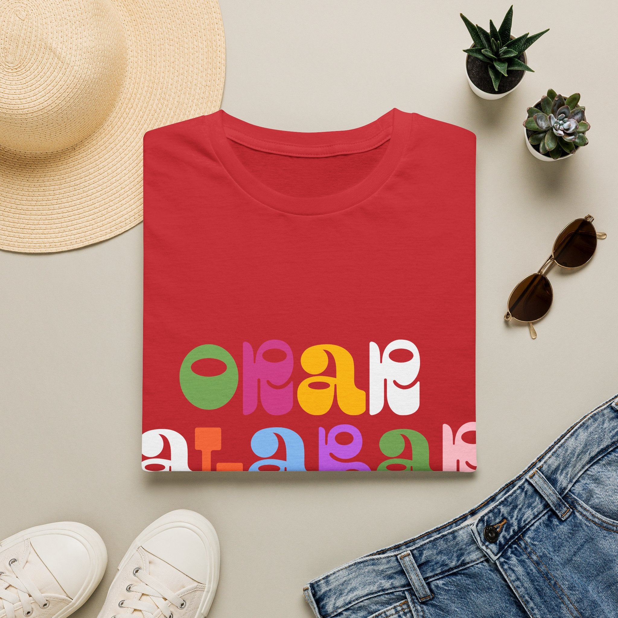 Woman's Bilingual Orar,Alabar, Repeat Tee — Colorful Groovy Type Design