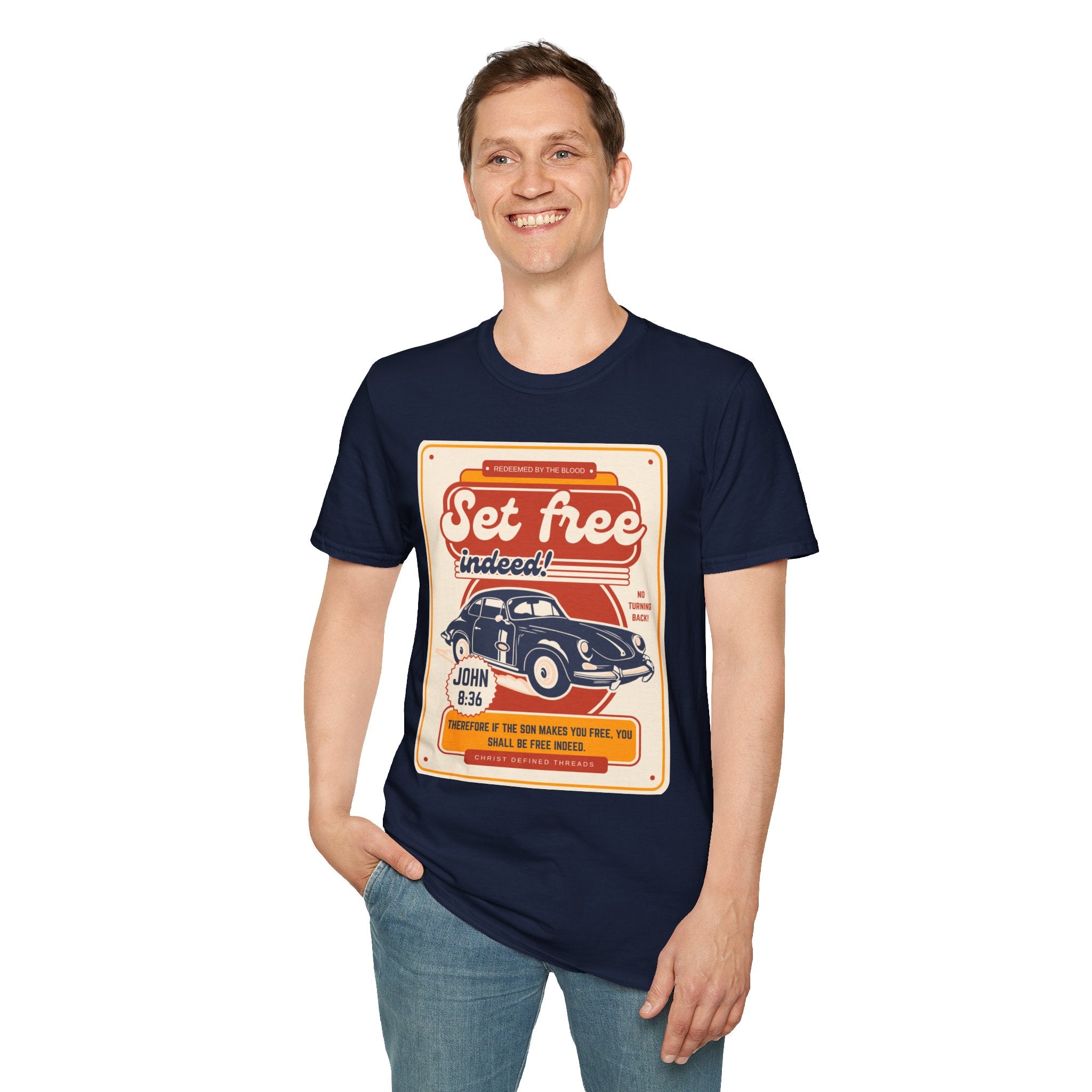 Men's 'Set free Indeed' T‑Shirt — Retro Vintage Car Christian Faith Graphic Tee