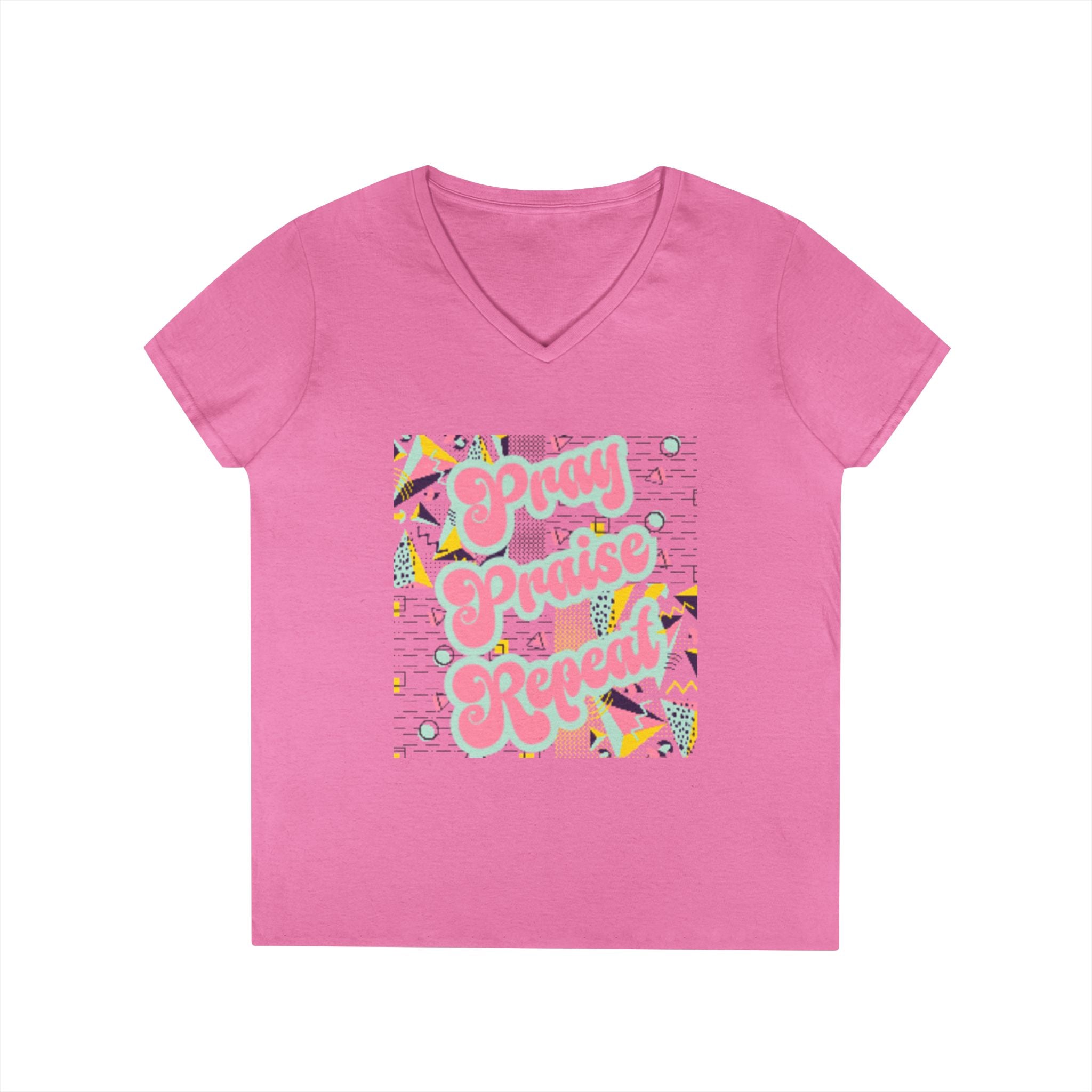 Ladies' V-Neck T-Shirt — "Pray Praise Repeat" Retro Shape Graphic