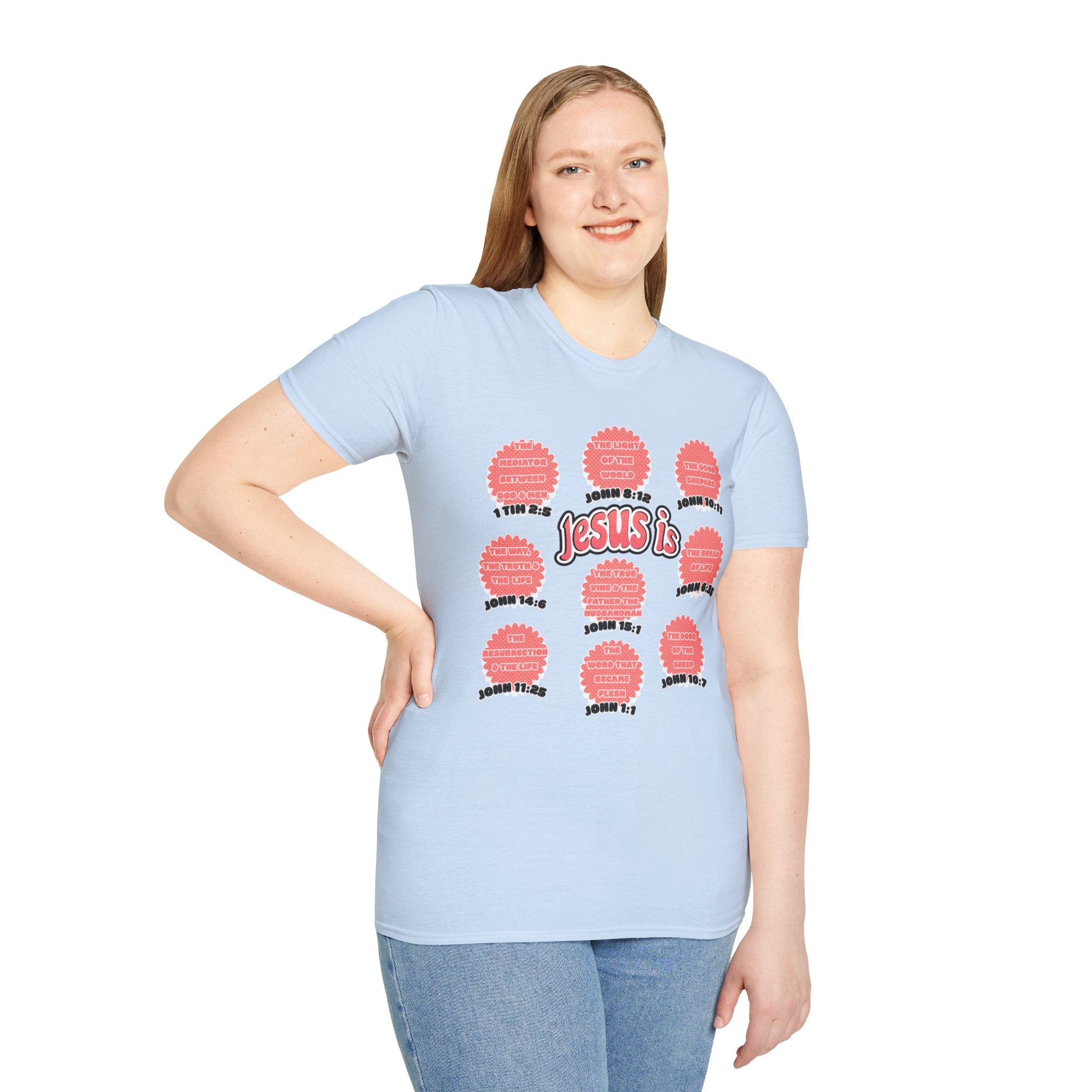 Women's 'Jesus is' T-Shirt — Inspirational Christian Scripture Tee (John 3:16, John 10:27)