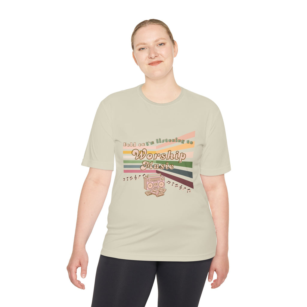 Women's Worship Music Moisture Wicking Tee — Retro Stripes & Speaker Graphic