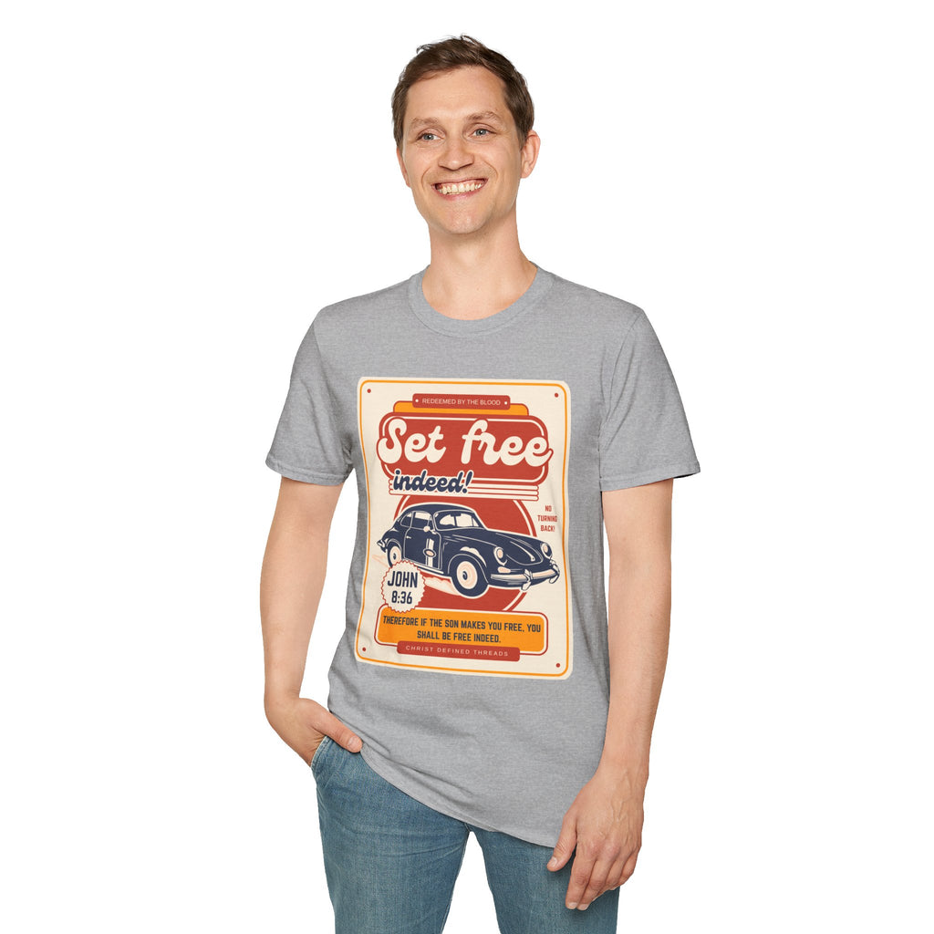 Men's 'Set free Indeed' T‑Shirt — Retro Vintage Car Christian Faith Graphic Tee