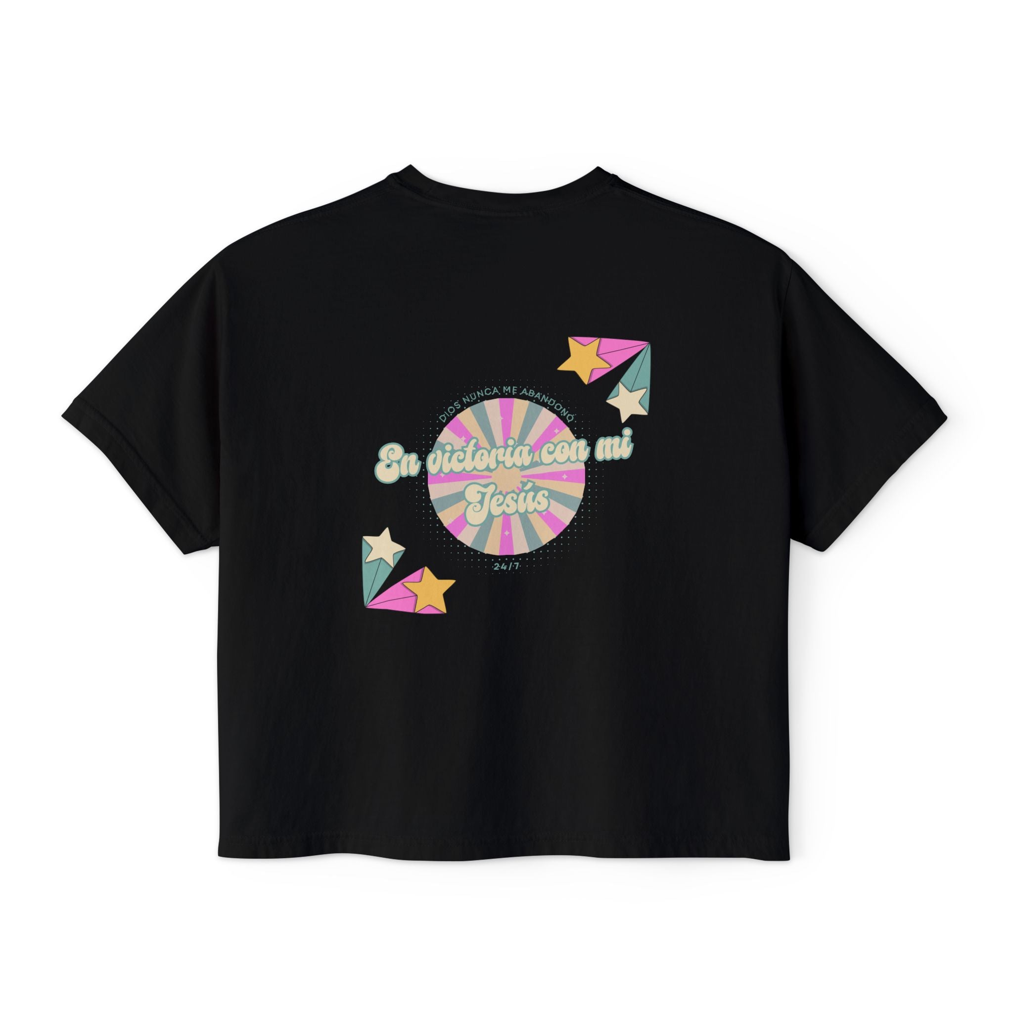 Mujeres Boxy Camisa— 'En Victoria con mi Jesús' Pastel Retro Faith Graphic