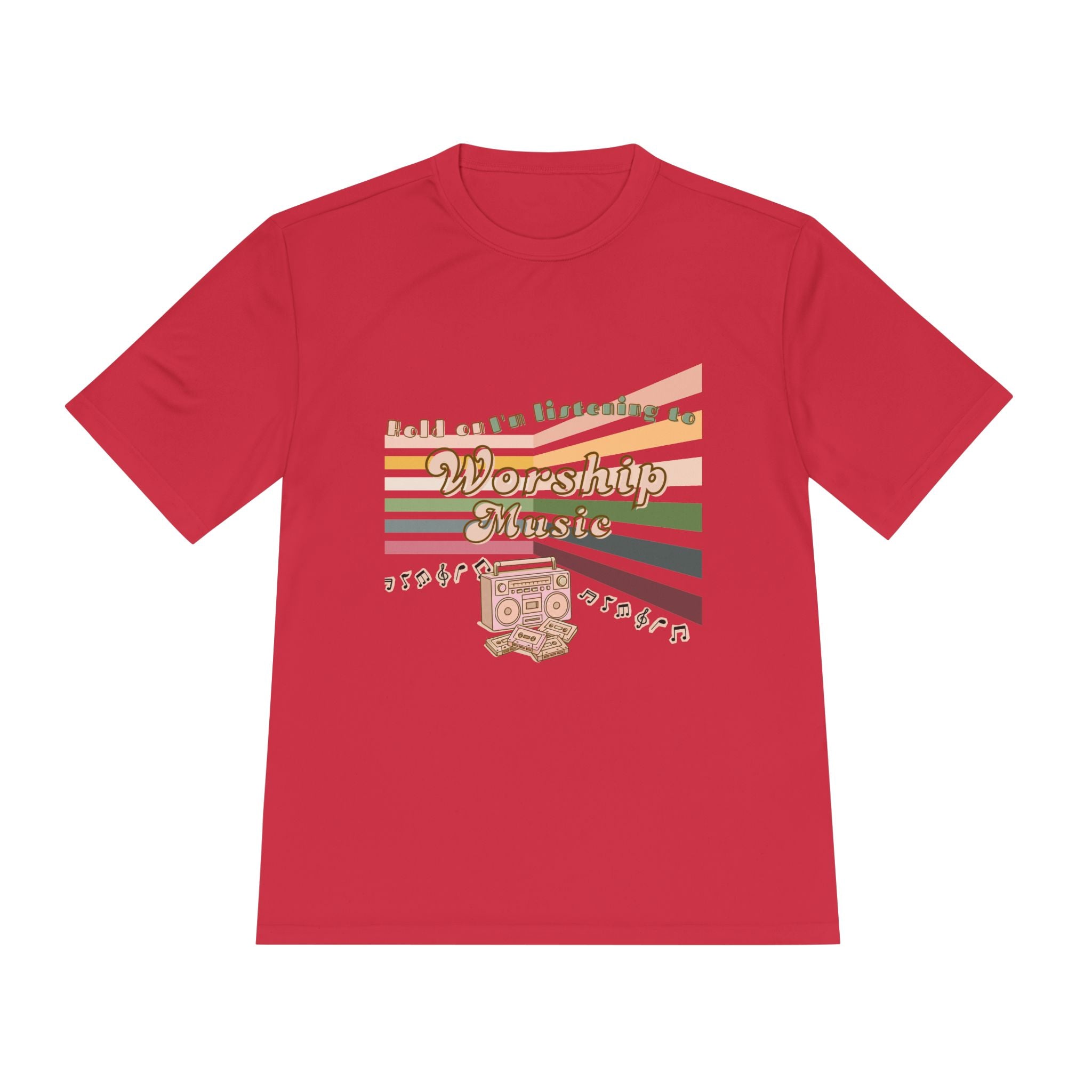 Women's Worship Music Moisture Wicking Tee — Retro Stripes & Speaker Graphic