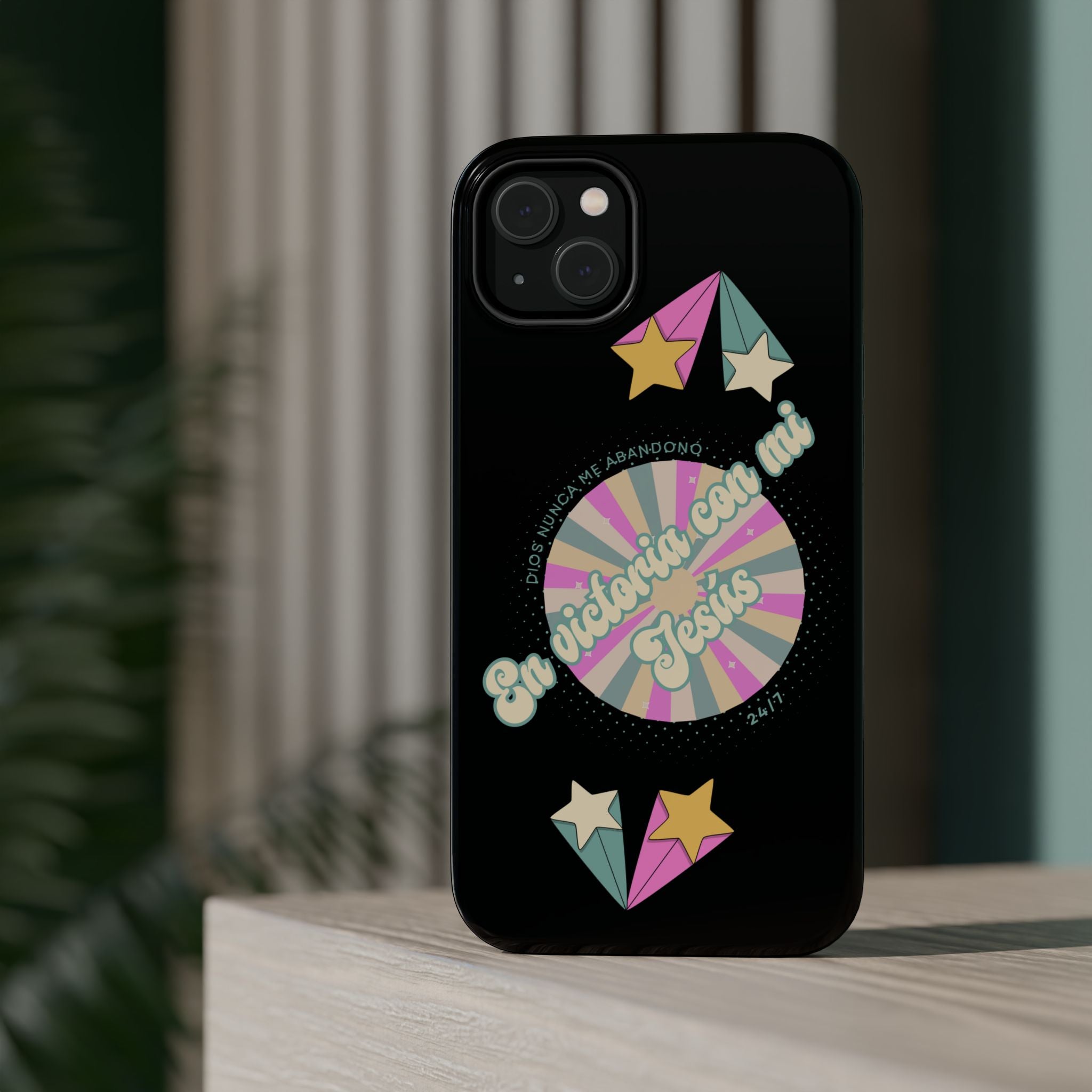Mujeres Cover de Telefono Magnético e Impacto Resistente— "En Victoria con mi Jesús" Retro Star Design
