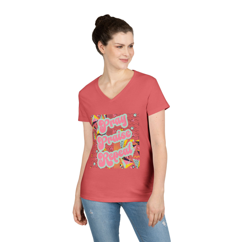Ladies' V-Neck T-Shirt — "Pray Praise Repeat" Retro Shape Graphic