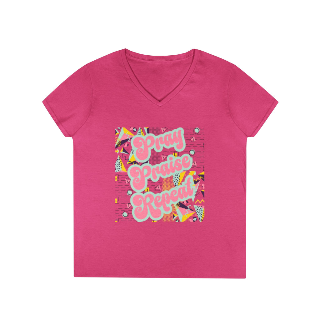 Ladies' V-Neck T-Shirt — "Pray Praise Repeat" Retro Shape Graphic