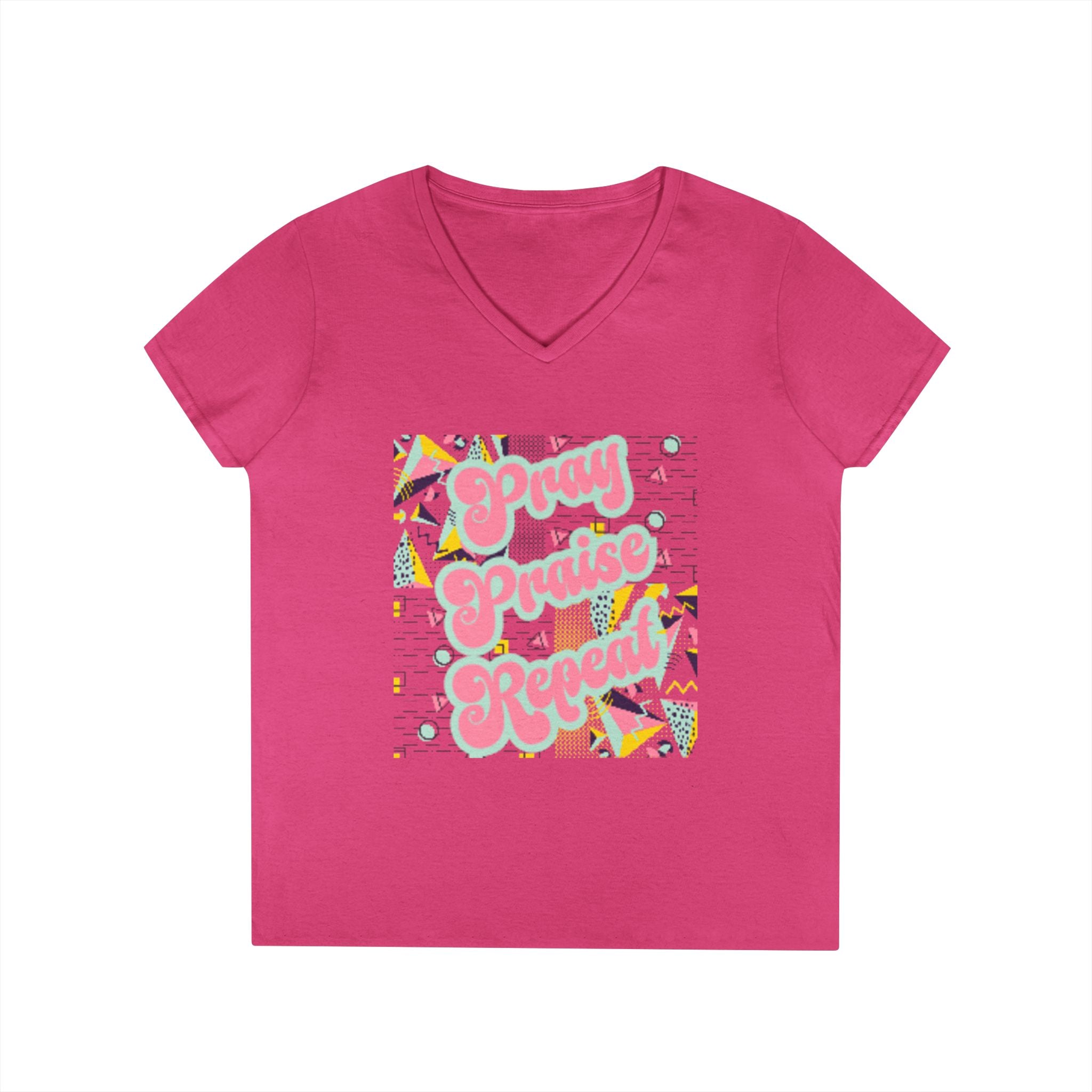 Ladies' V-Neck T-Shirt — "Pray Praise Repeat" Retro Shape Graphic