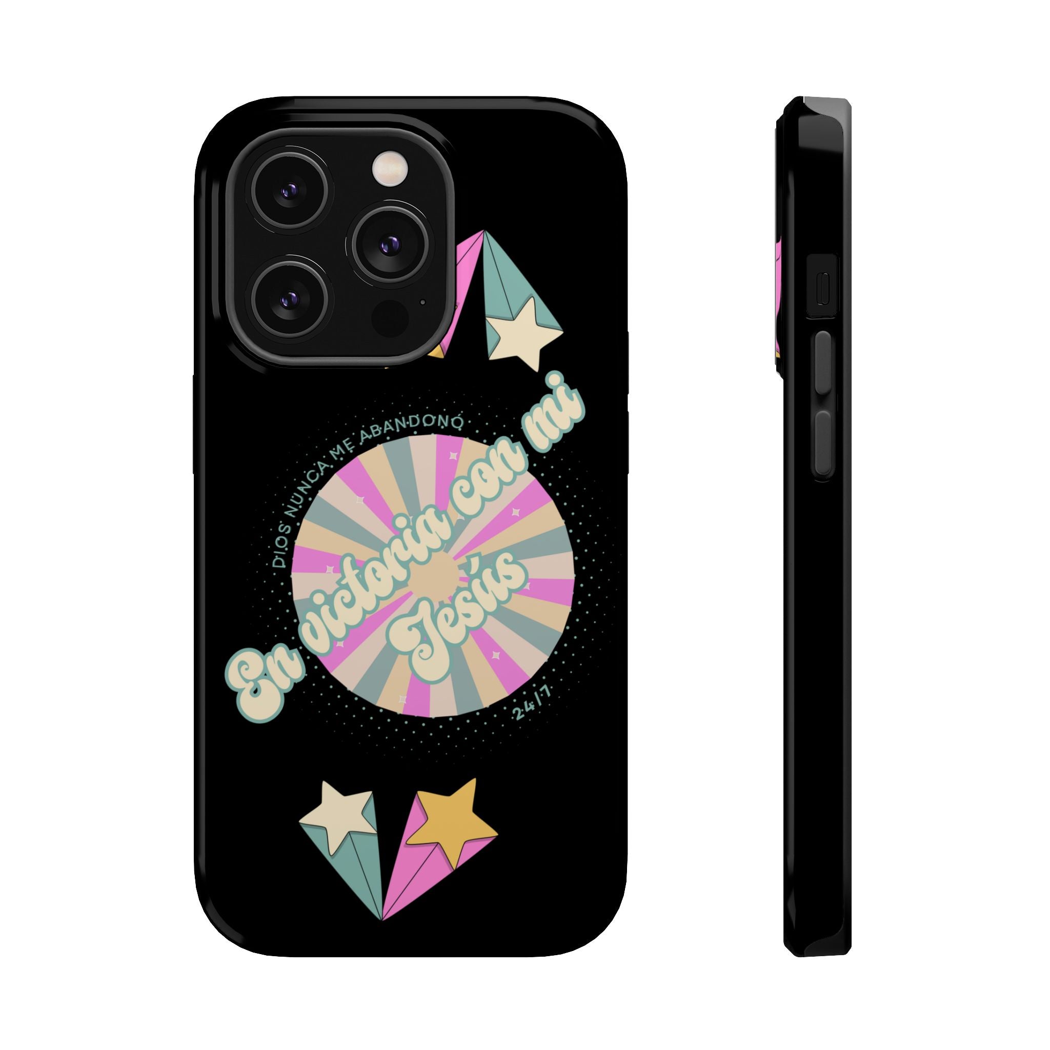Mujeres Cover de Telefono Magnético e Impacto Resistente— "En Victoria con mi Jesús" Retro Star Design