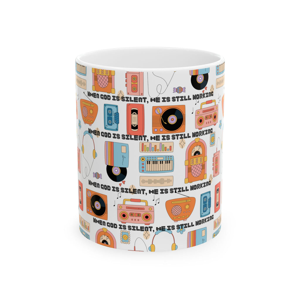 Retro Music Pattern Ceramic Mug — "When God Is Silent, He Is Still Working"