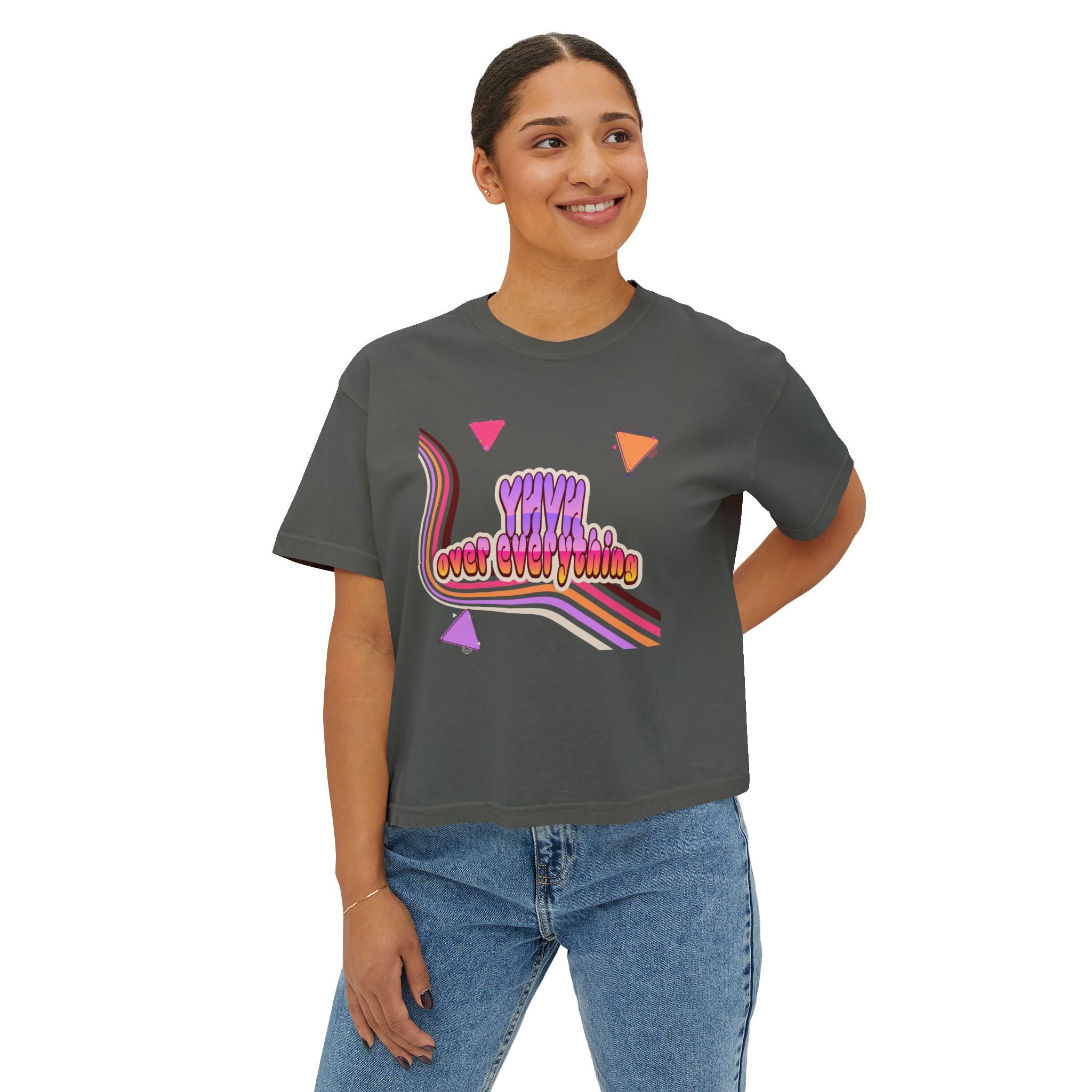 Retro 'YHVH over everything' Boxy Tee — Women's 90s Vibe Graphic T-Shirt