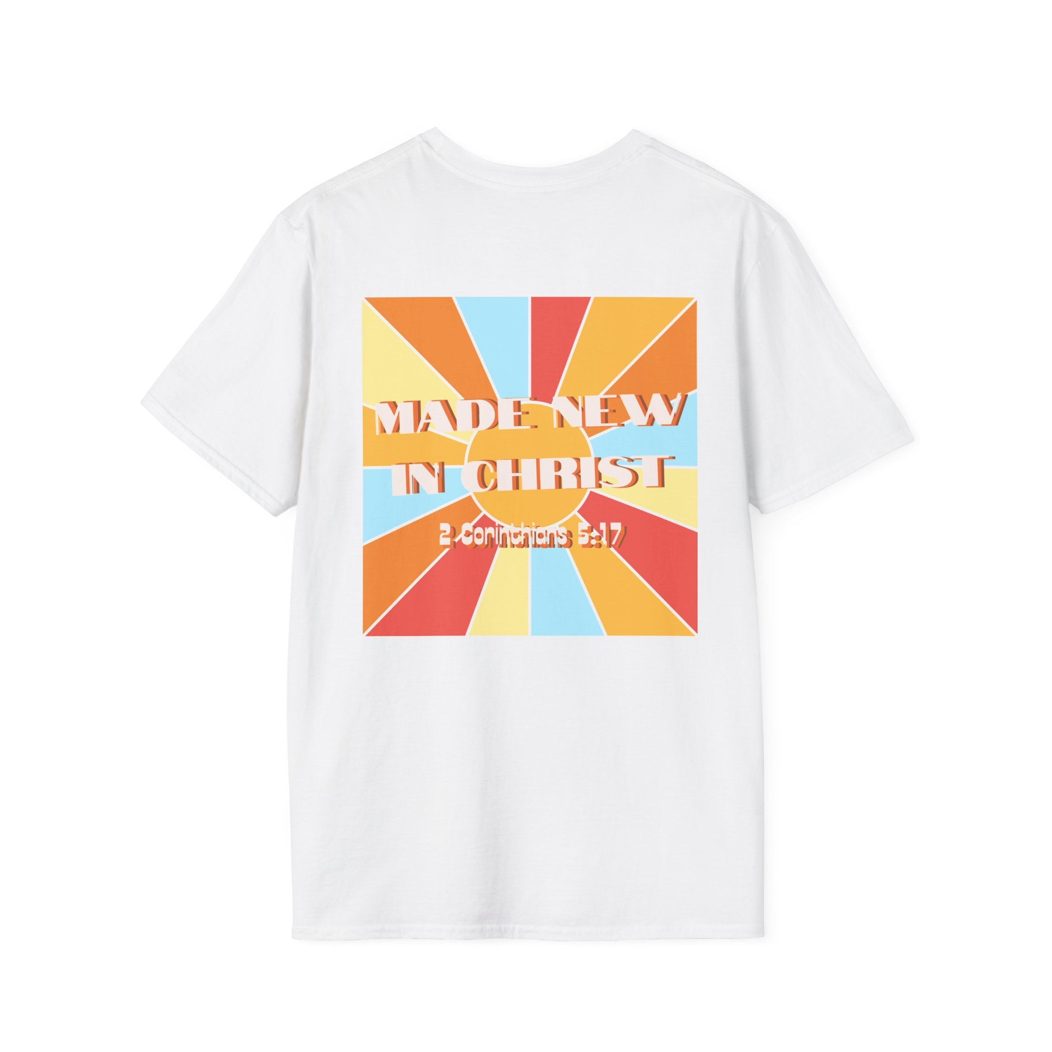 Men's Hello New Me Retro Tee — BACK: 2 Corinthians 5:17