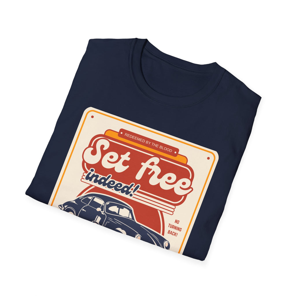 Men's 'Set free Indeed' T‑Shirt — Retro Vintage Car Christian Faith Graphic Tee