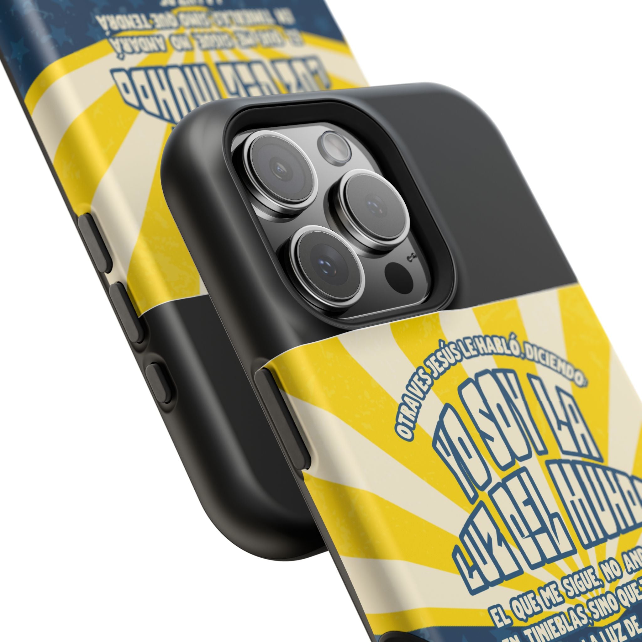 "Yo soy la luz del mundo" protección para telefono (Juan 8:12)— Para hombres- Magnético y resistente al impacto