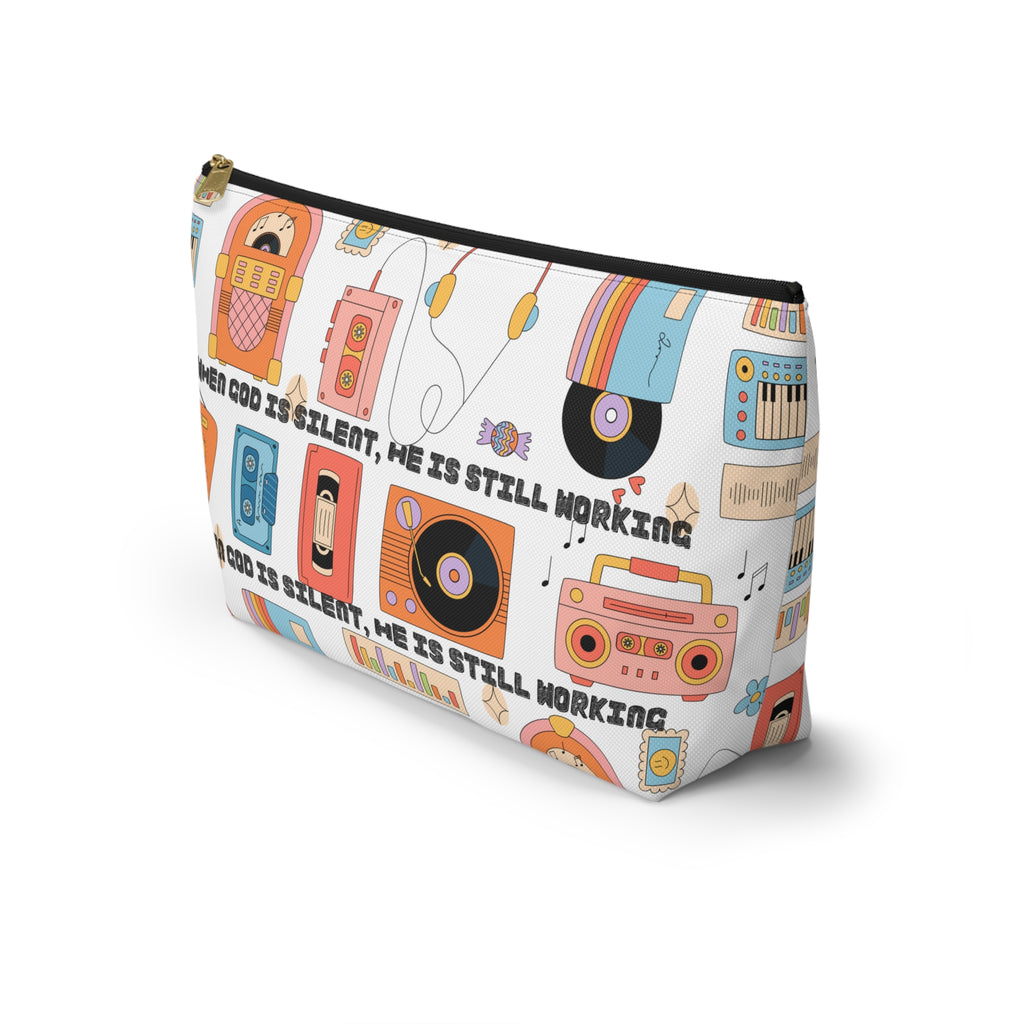Retro Music Accessory Pouch — "When God Is Silent, He Is Still Working" T-Bottom Bag
