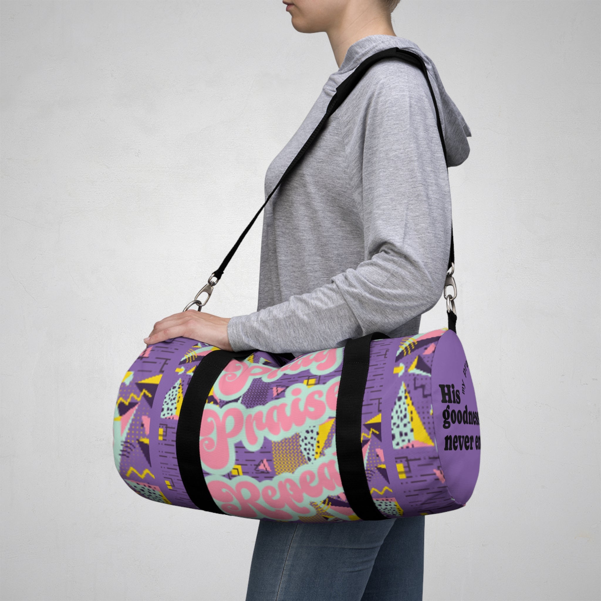 Duffel Bag — Retro Purple "Pray, Praise, Repeat" Gym Travel Bag