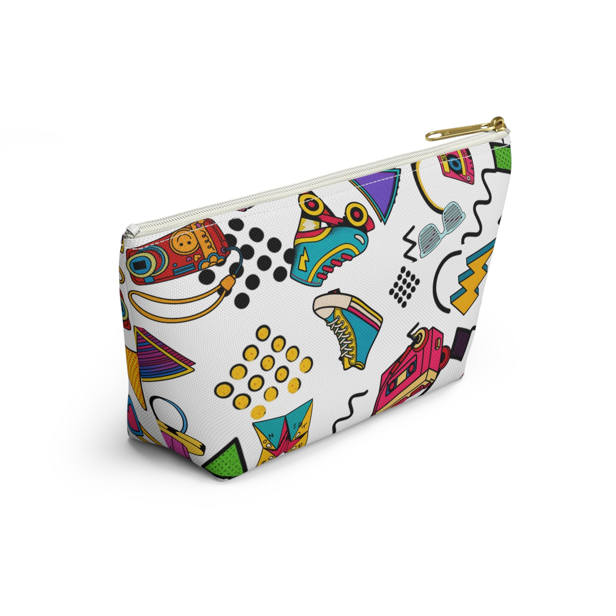 Retro 90s Pattern Accessory Pouch — Roller Skates, Cassette & Neon Shapes