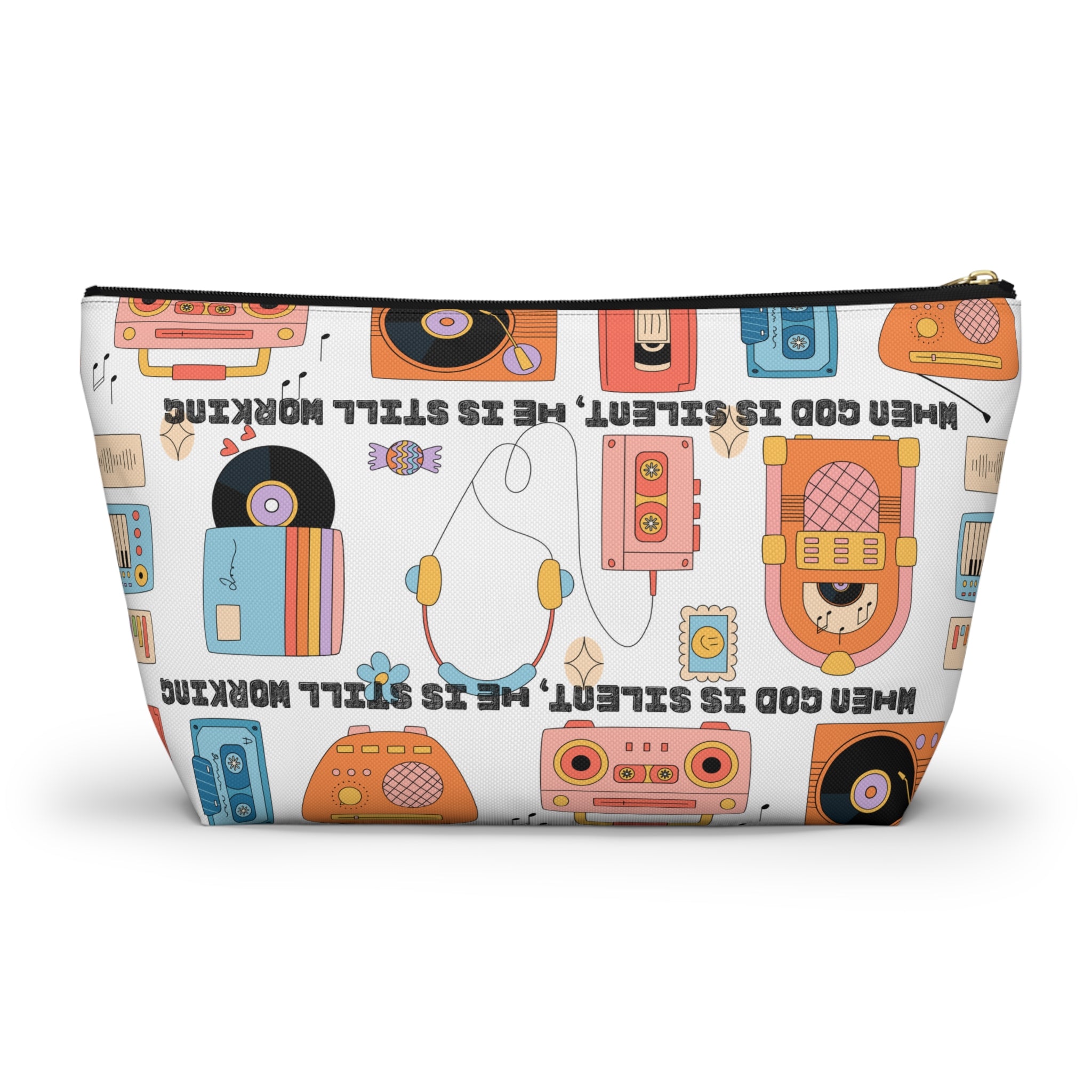 Retro Music Accessory Pouch — "When God Is Silent, He Is Still Working" T-Bottom Bag