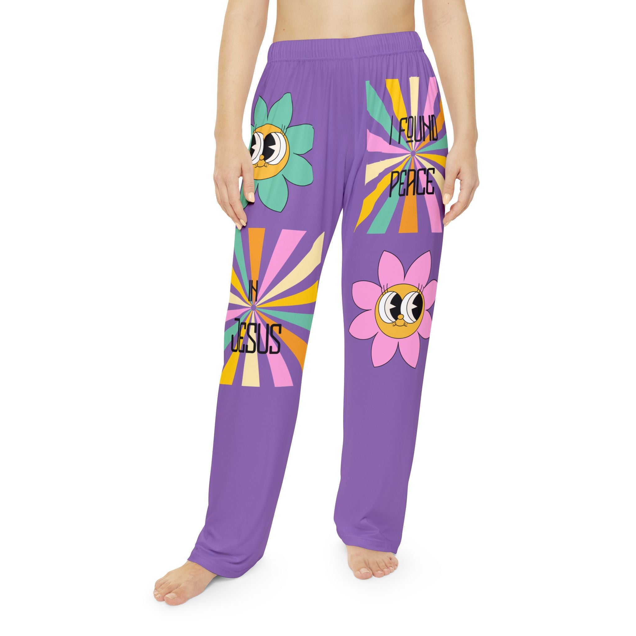 'I found peace in Jesus' Pajama Pants — Purple Retro Peace Lounge Pants