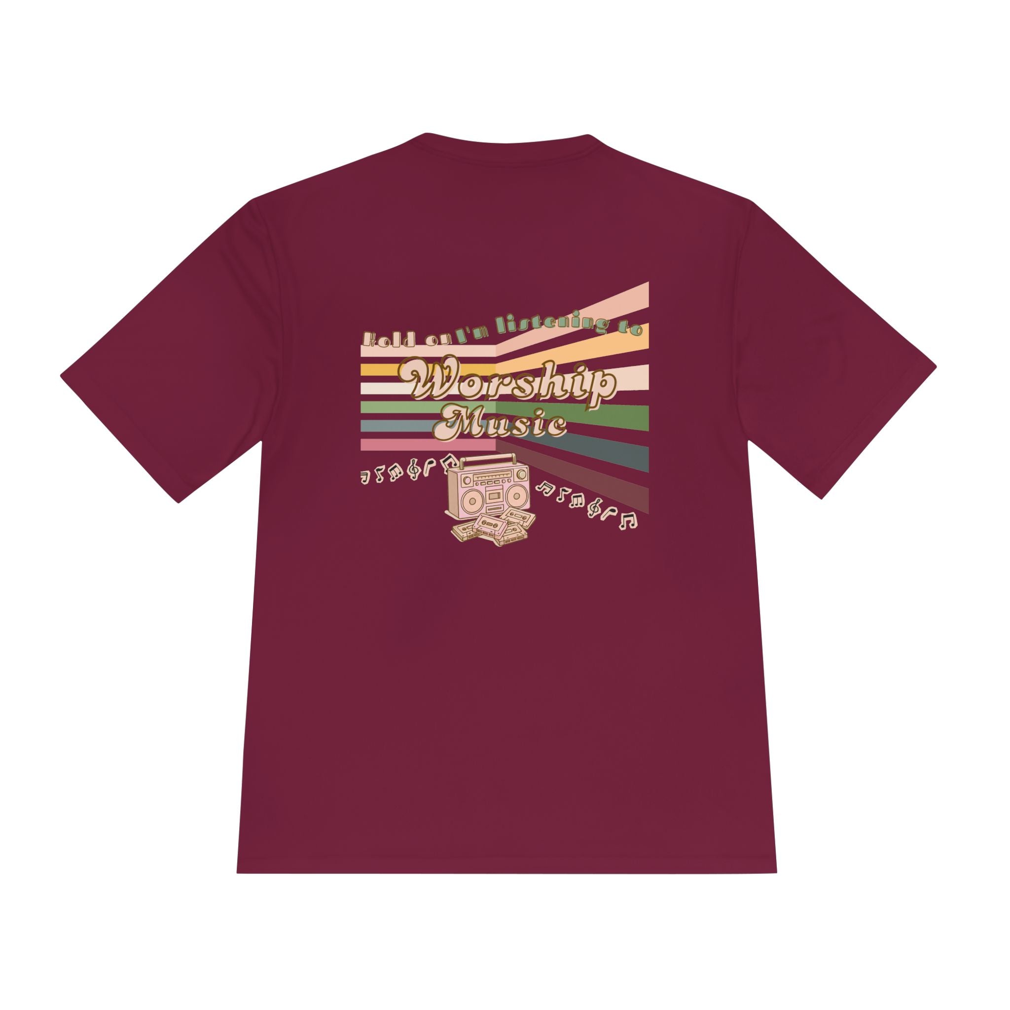 Women's Worship Music Moisture Wicking Tee — Retro Stripes & Speaker Graphic