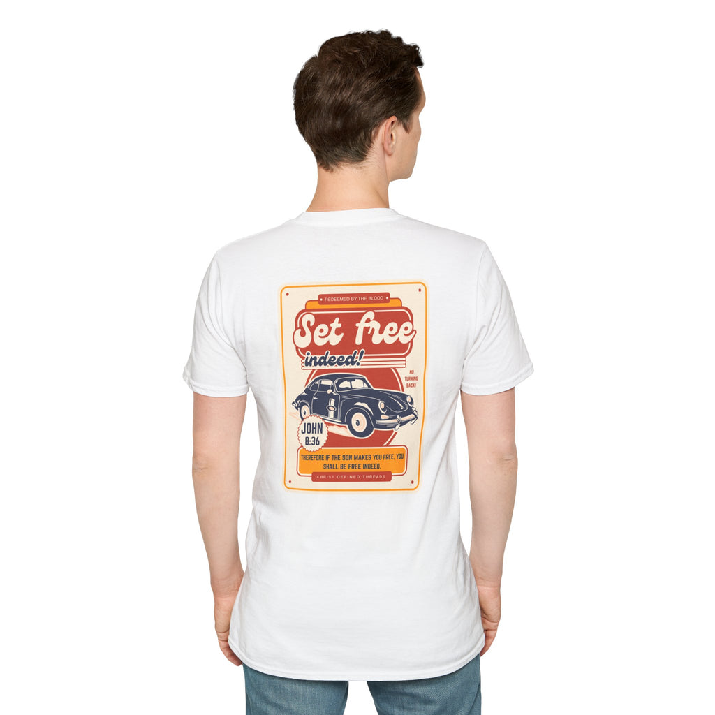 Men's 'Set free Indeed' T‑Shirt — Retro Vintage Car Christian Faith Graphic Tee