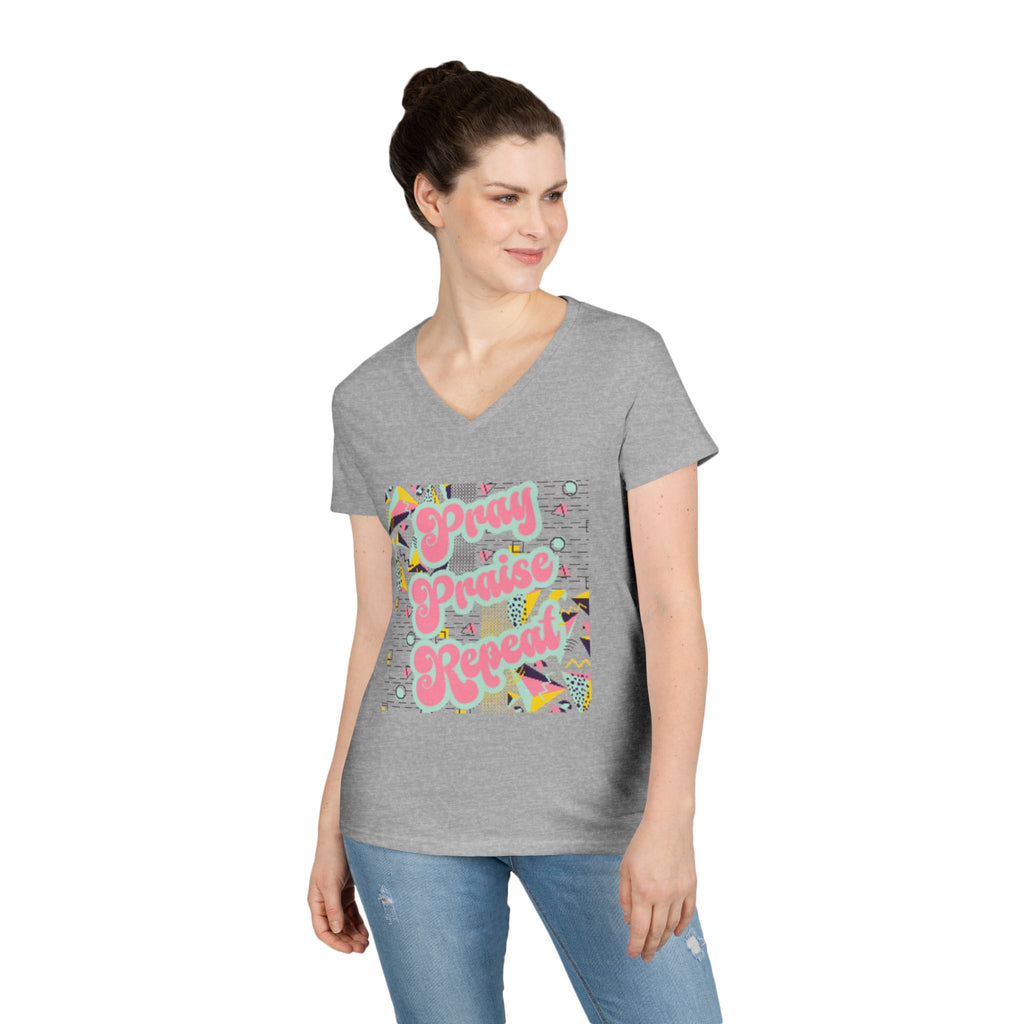 Ladies' V-Neck T-Shirt — "Pray Praise Repeat" Retro Shape Graphic