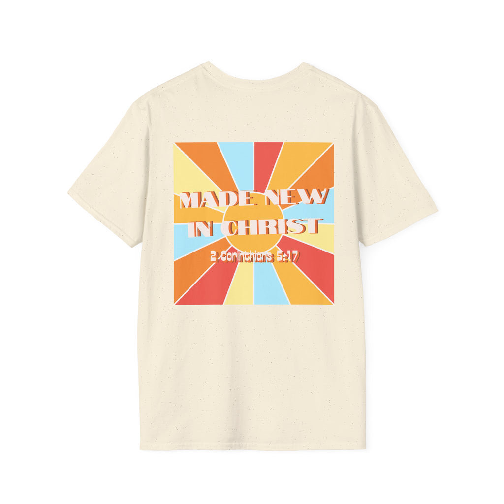 Men's Hello New Me Retro Tee — BACK: 2 Corinthians 5:17