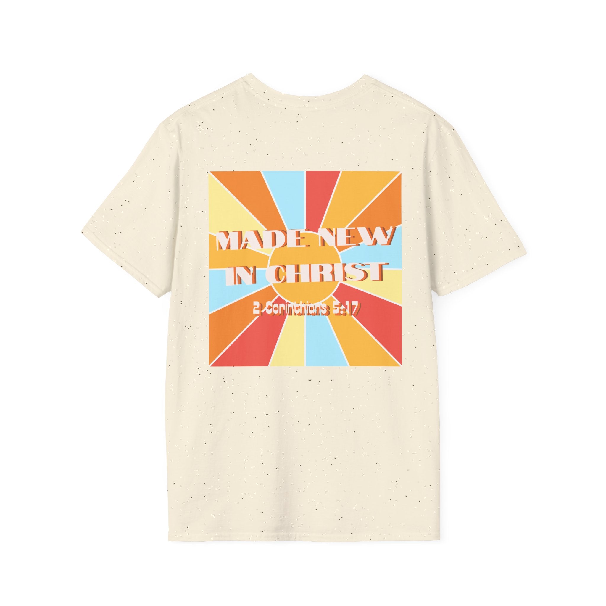 Men's Hello New Me Retro Tee — BACK: 2 Corinthians 5:17