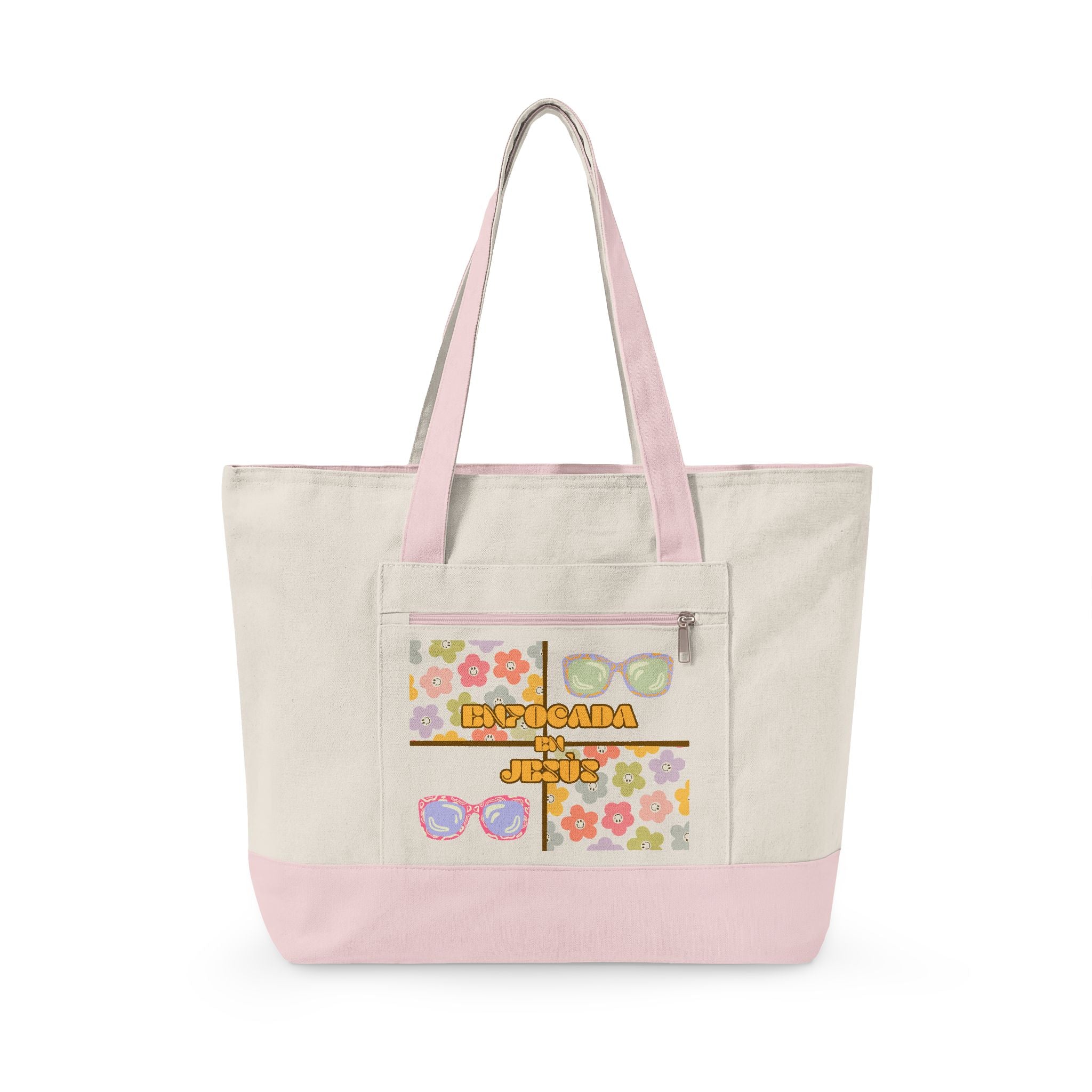 "Enfocada en Jesús" Canvas Tote - Retro Zippered Beach Bag