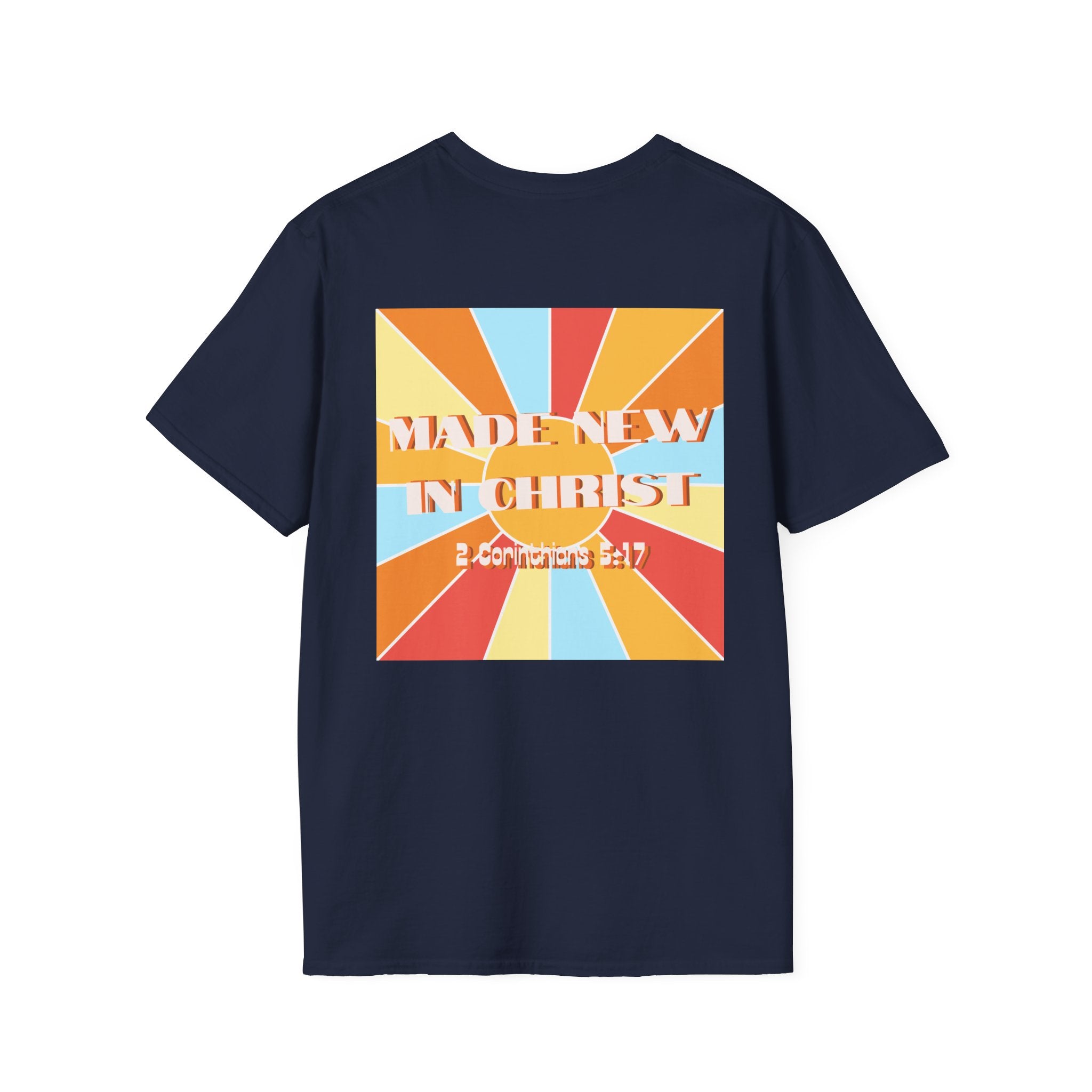 Men's Hello New Me Retro Tee — BACK: 2 Corinthians 5:17