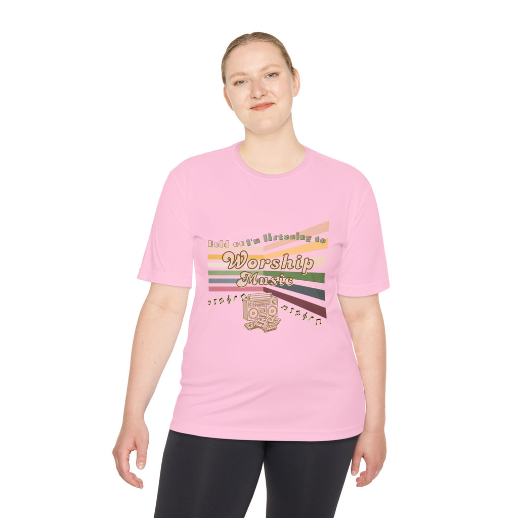 Women's Worship Music Moisture Wicking Tee — Retro Stripes & Speaker Graphic