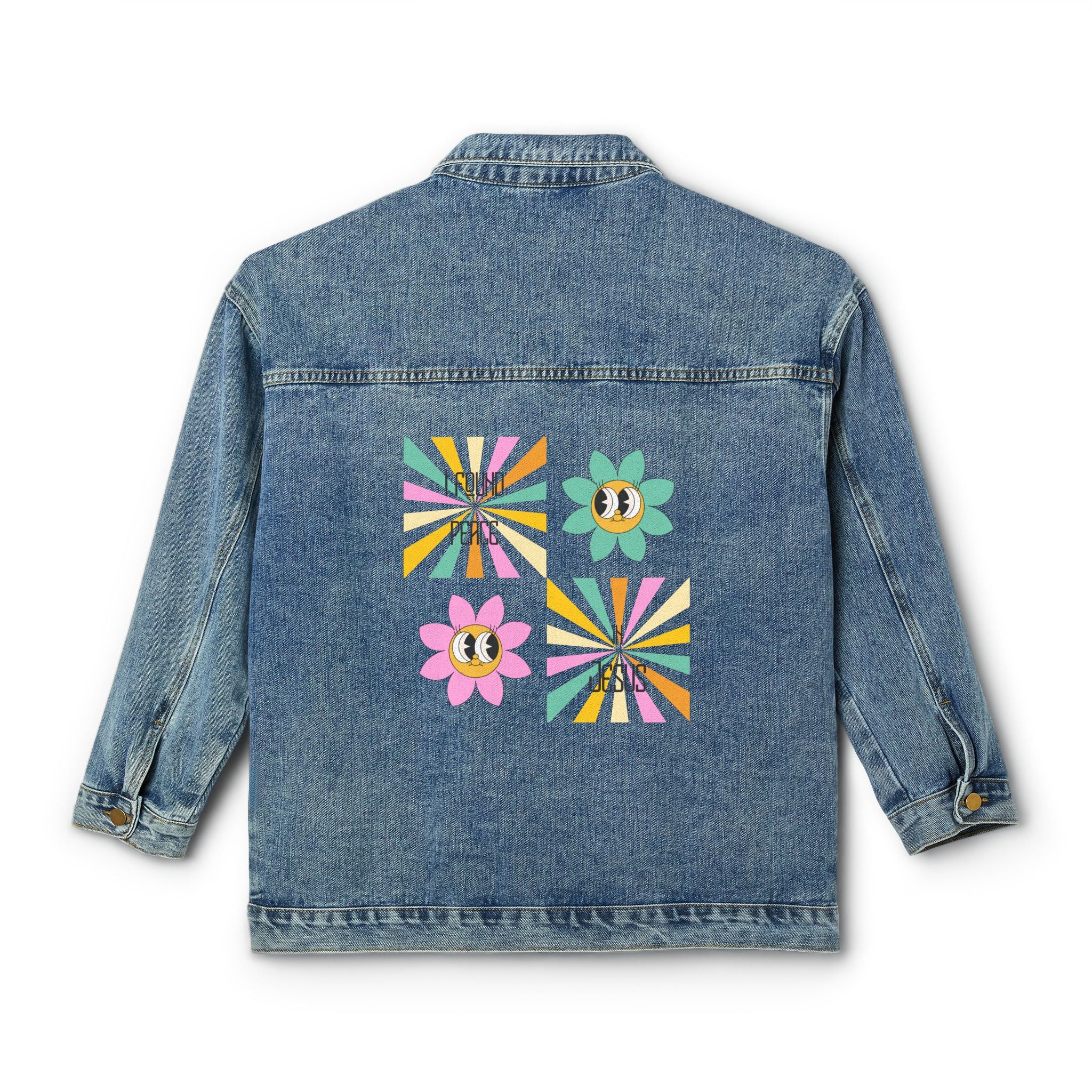 Women's Denim Jacket — Retro 'I found peace in Jesus'Graphic
