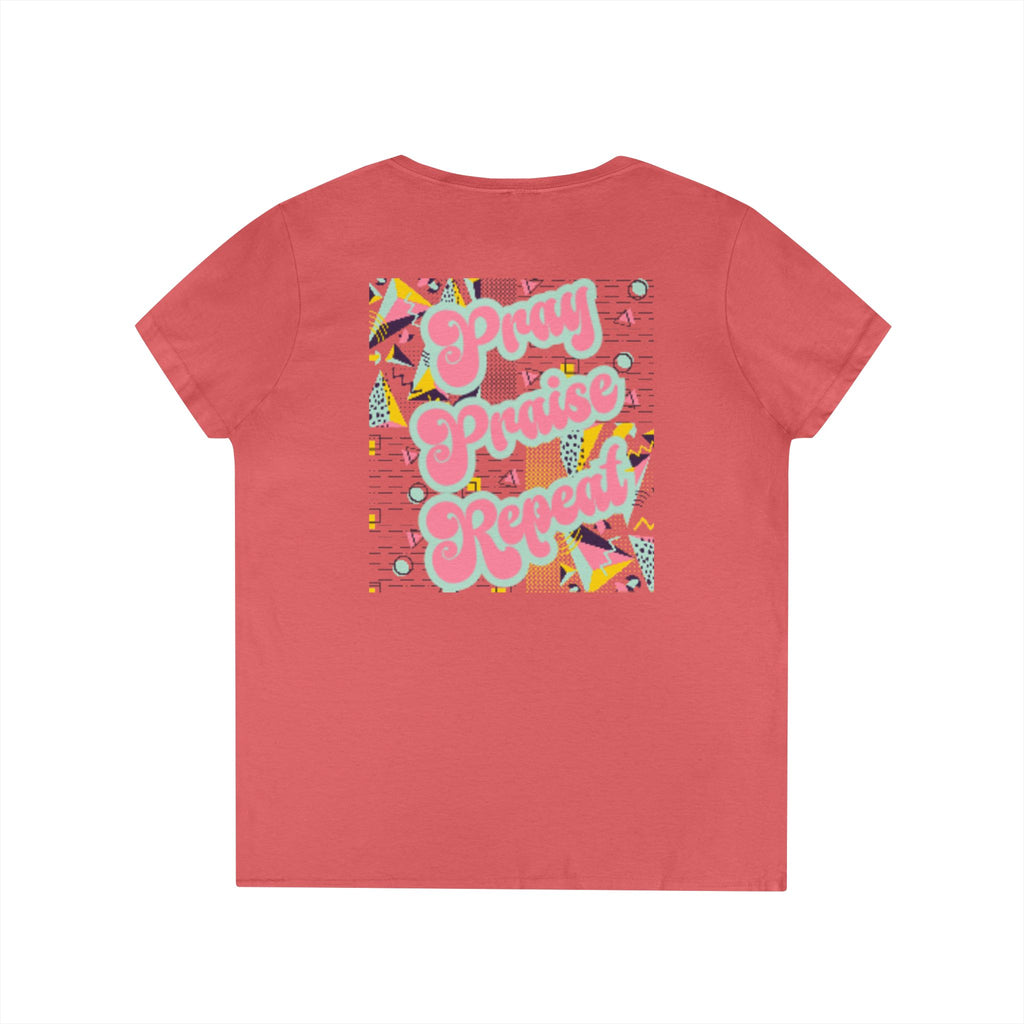 Ladies' V-Neck T-Shirt — "Pray Praise Repeat" Retro Shape Graphic