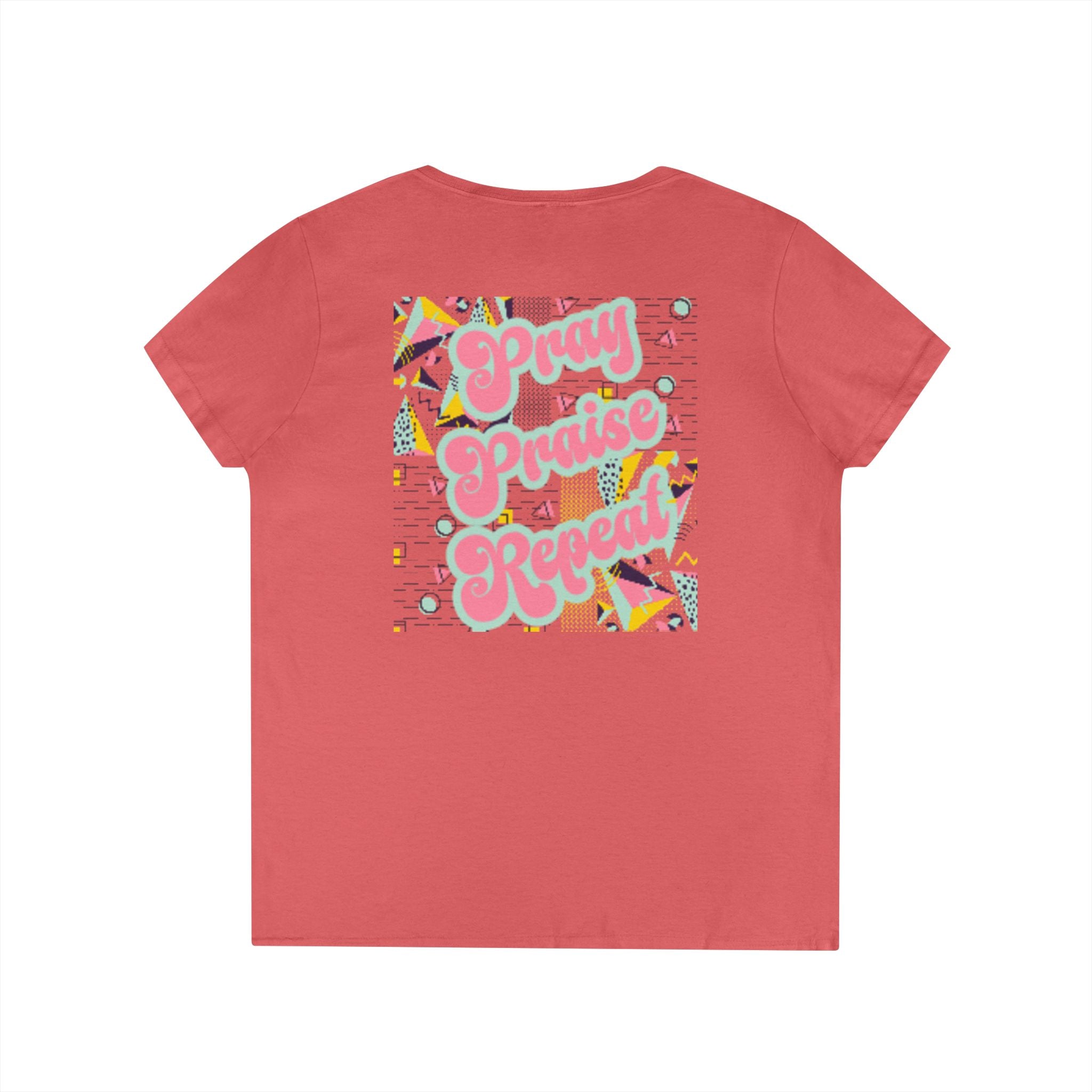 Ladies' V-Neck T-Shirt — "Pray Praise Repeat" Retro Shape Graphic
