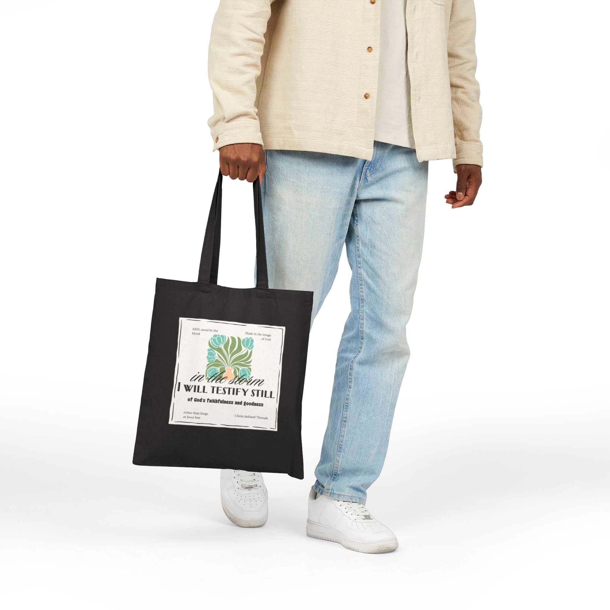 Women's Canvas Tote - "In the Storm I Will Testify Still" Inspirational Scripture Tote Bag