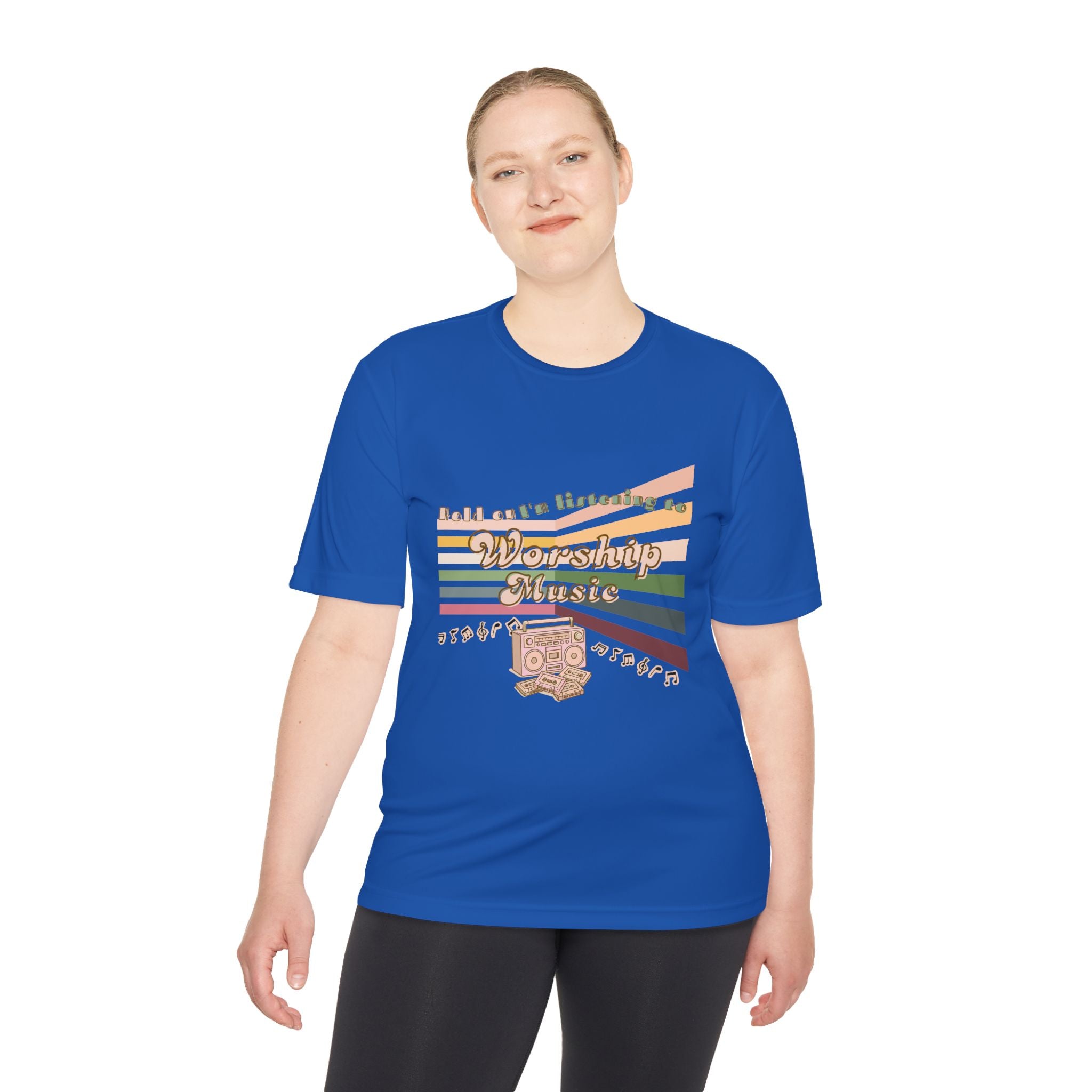 Women's Worship Music Moisture Wicking Tee — Retro Stripes & Speaker Graphic