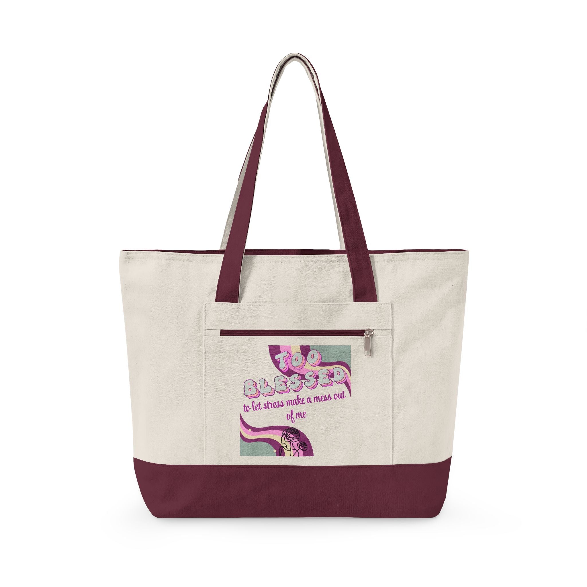 'Too blessed to let stress make a mess out of me' Tote Bag — Retro Pink Design