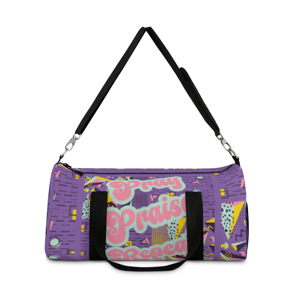 Duffel Bag — Retro Purple "Pray, Praise, Repeat" Gym Travel Bag