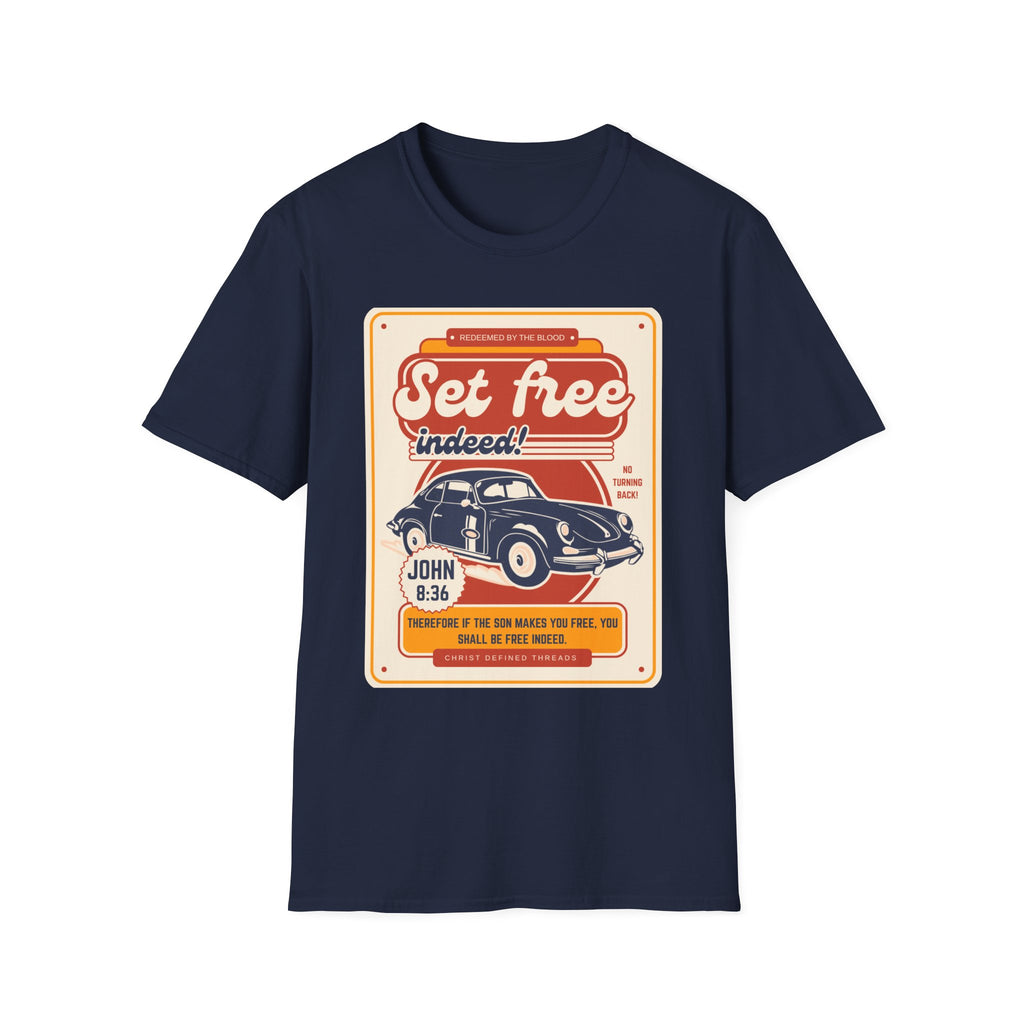 Men's 'Set free Indeed' T‑Shirt — Retro Vintage Car Christian Faith Graphic Tee