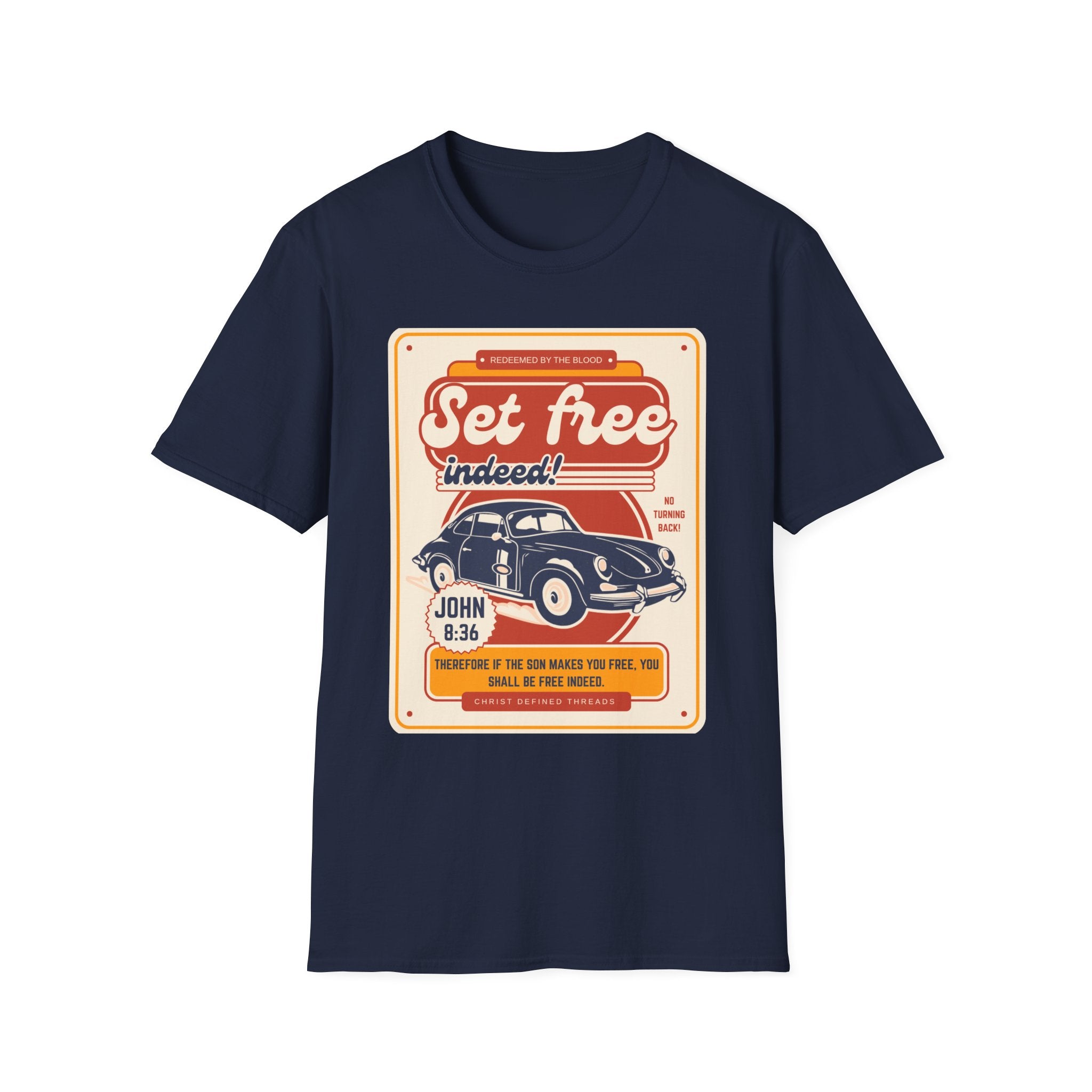 Men's 'Set free Indeed' T‑Shirt — Retro Vintage Car Christian Faith Graphic Tee