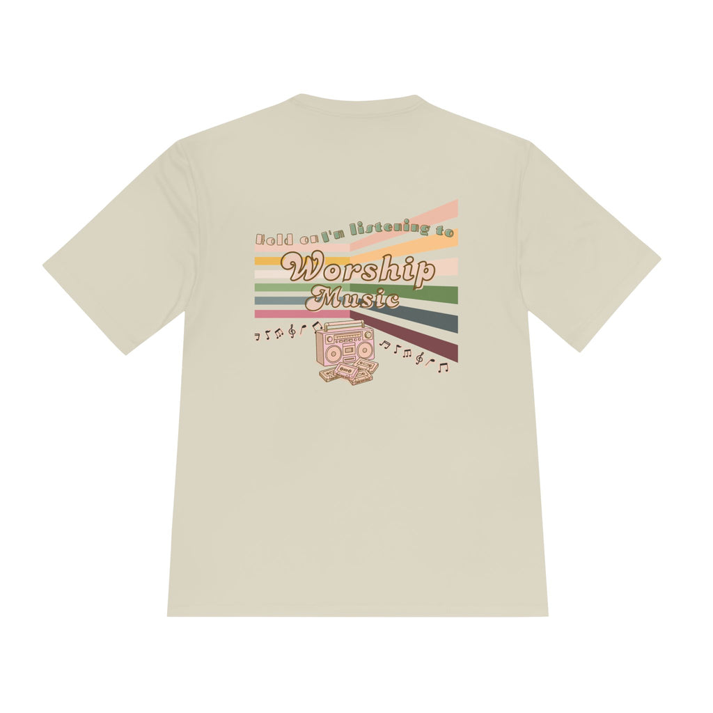 Women's Worship Music Moisture Wicking Tee — Retro Stripes & Speaker Graphic