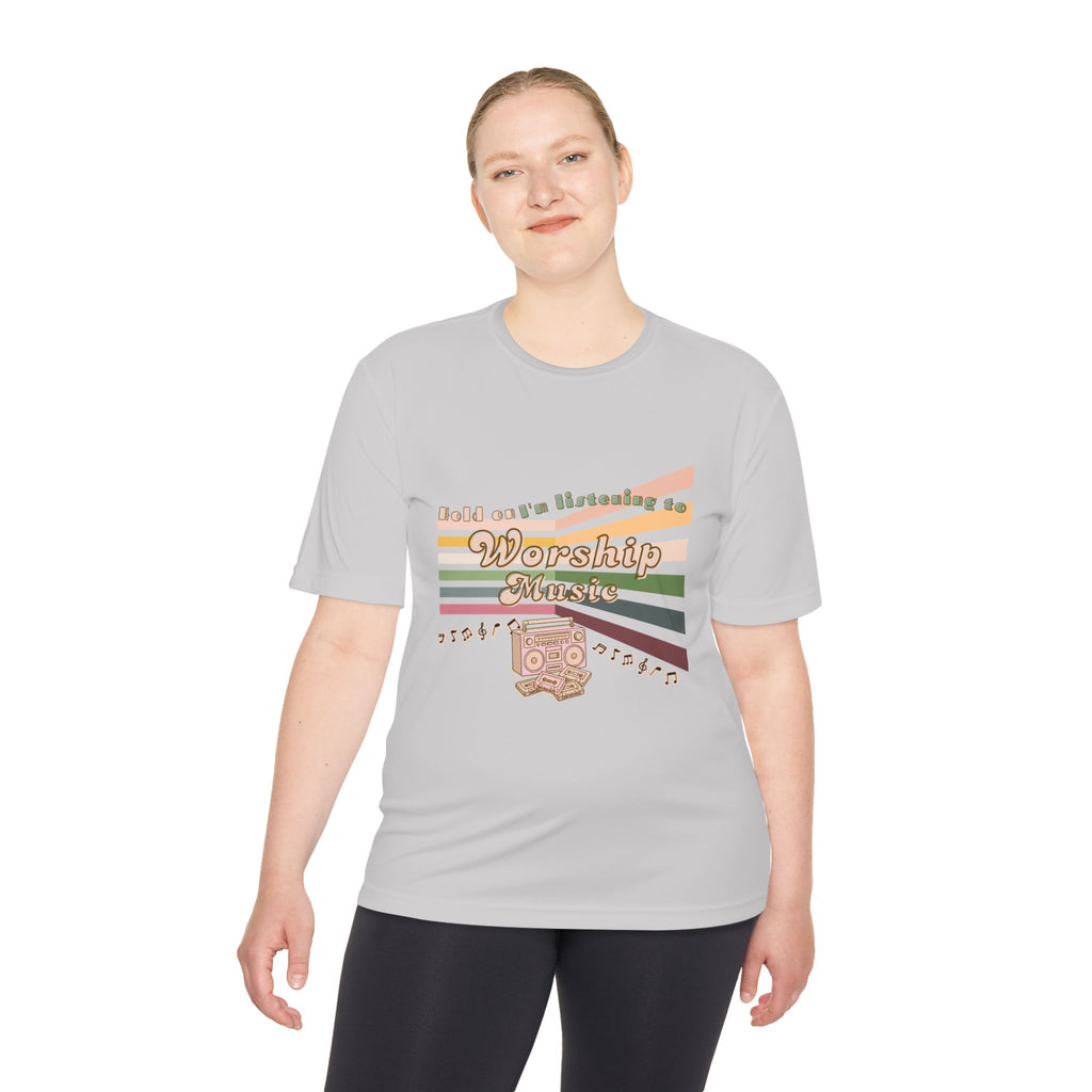Women's Worship Music Moisture Wicking Tee — Retro Stripes & Speaker Graphic
