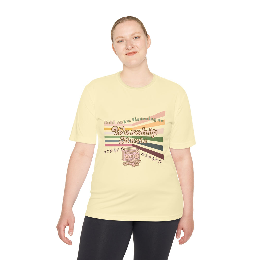 Women's Worship Music Moisture Wicking Tee — Retro Stripes & Speaker Graphic