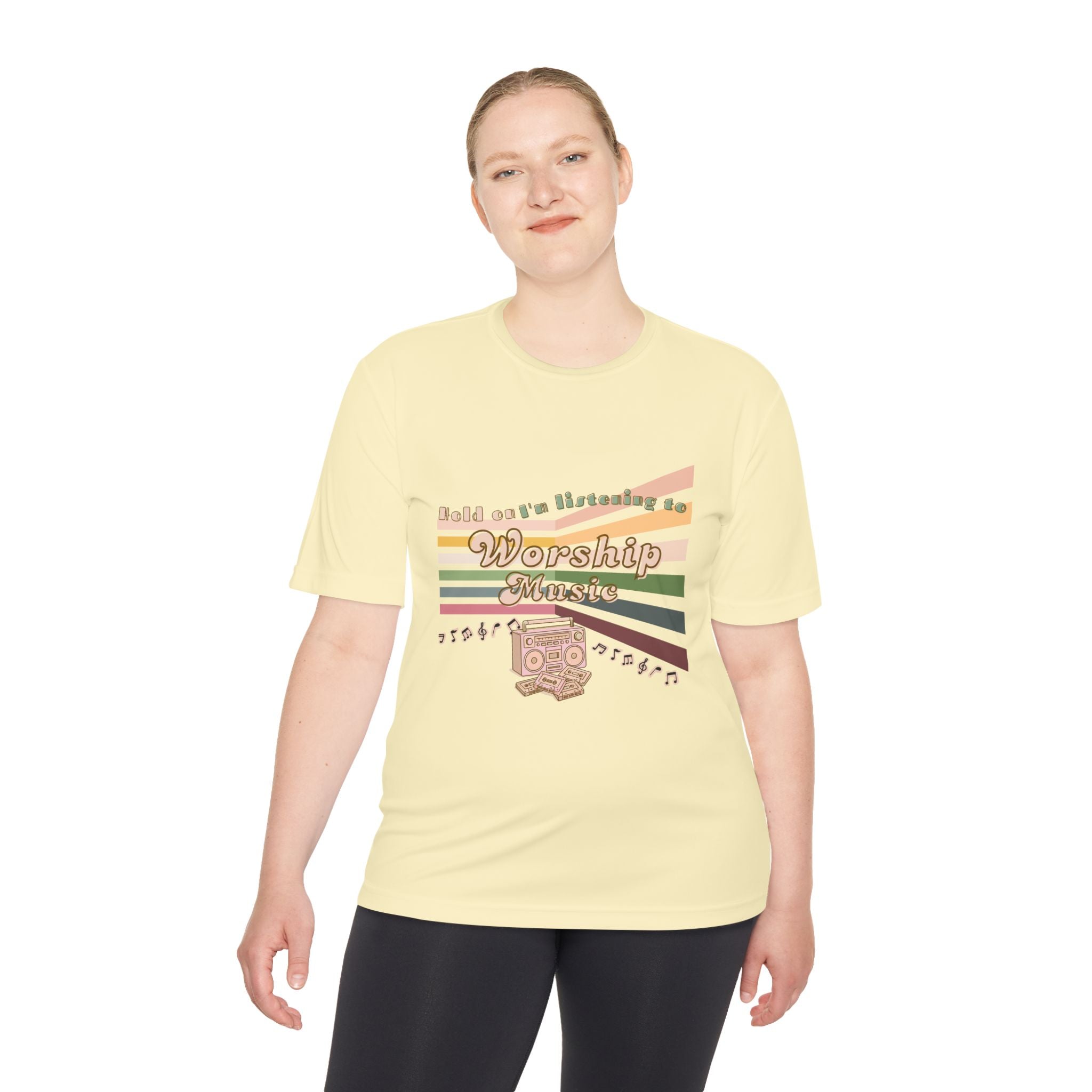 Women's Worship Music Moisture Wicking Tee — Retro Stripes & Speaker Graphic