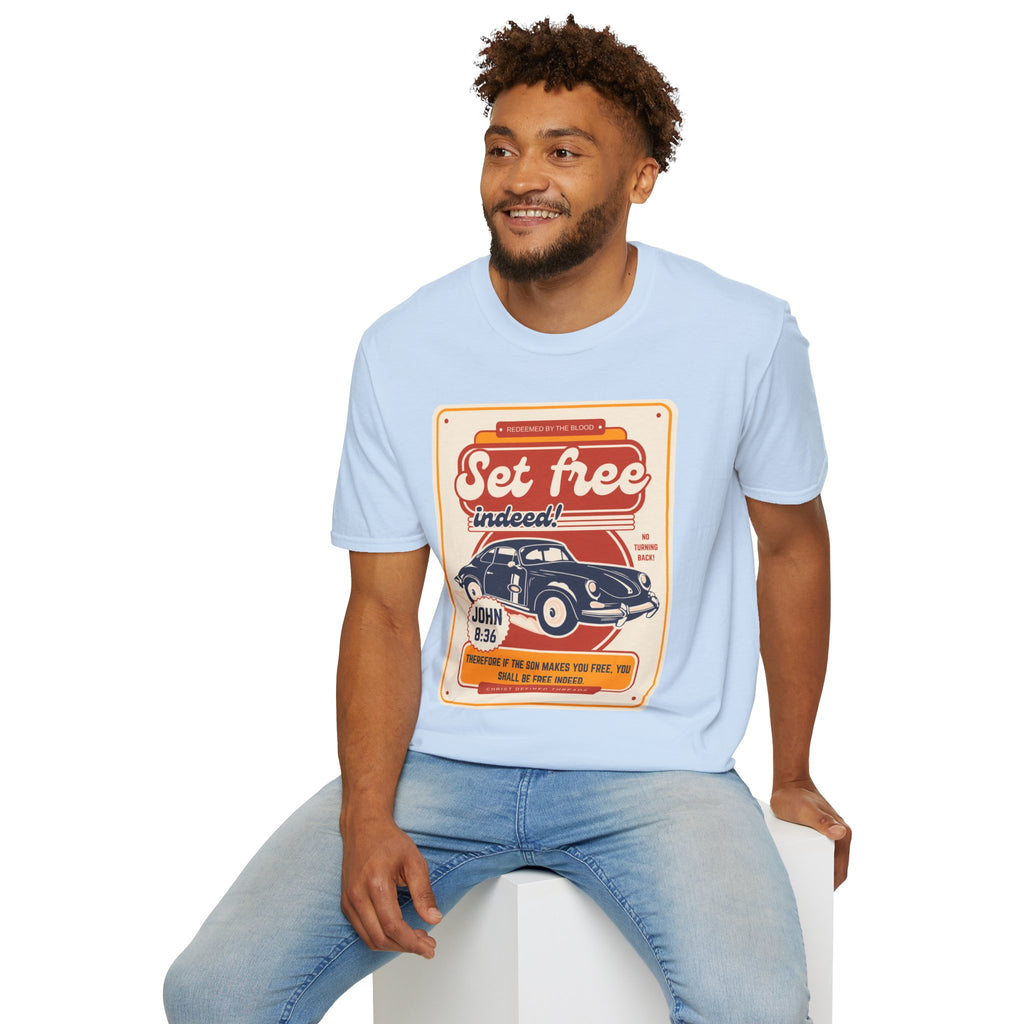 Men's 'Set free Indeed' T‑Shirt — Retro Vintage Car Christian Faith Graphic Tee