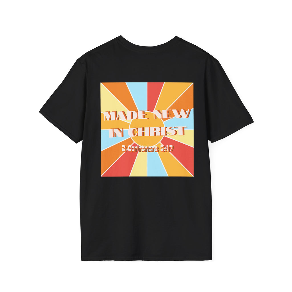 Men's Hello New Me Retro Tee — BACK: 2 Corinthians 5:17